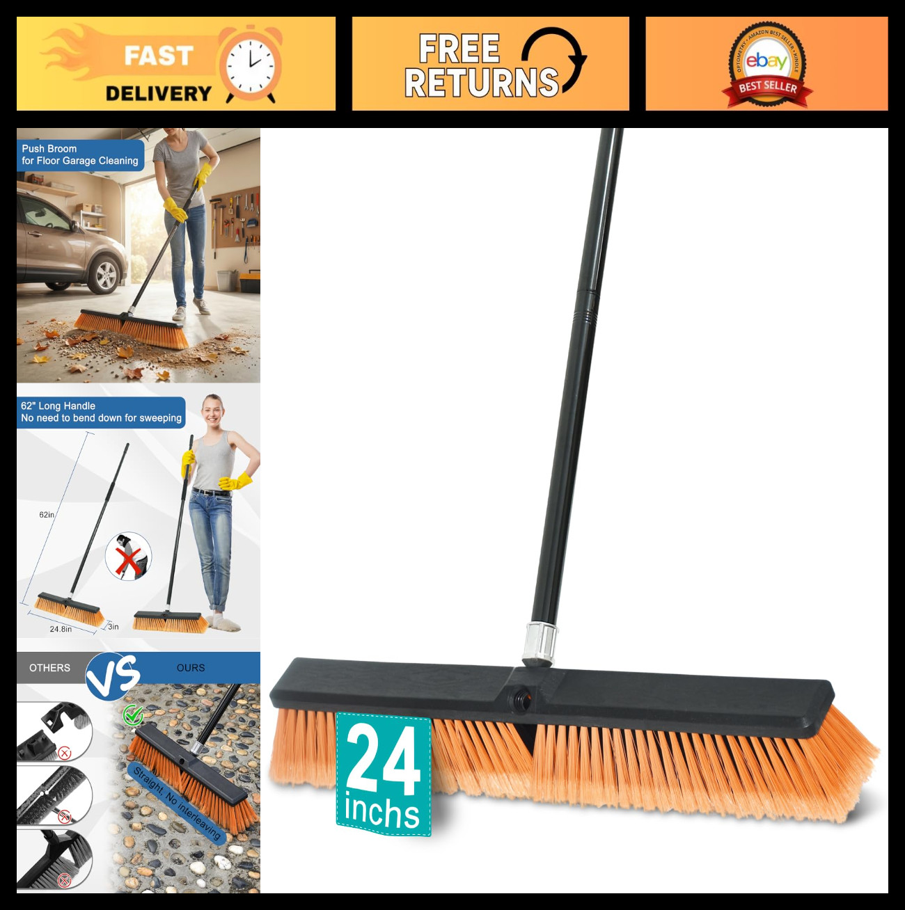 24" Heavy Duty Push Broom with 60" Handle for Indoor/Outdoor Cleaning - Tile, Ga