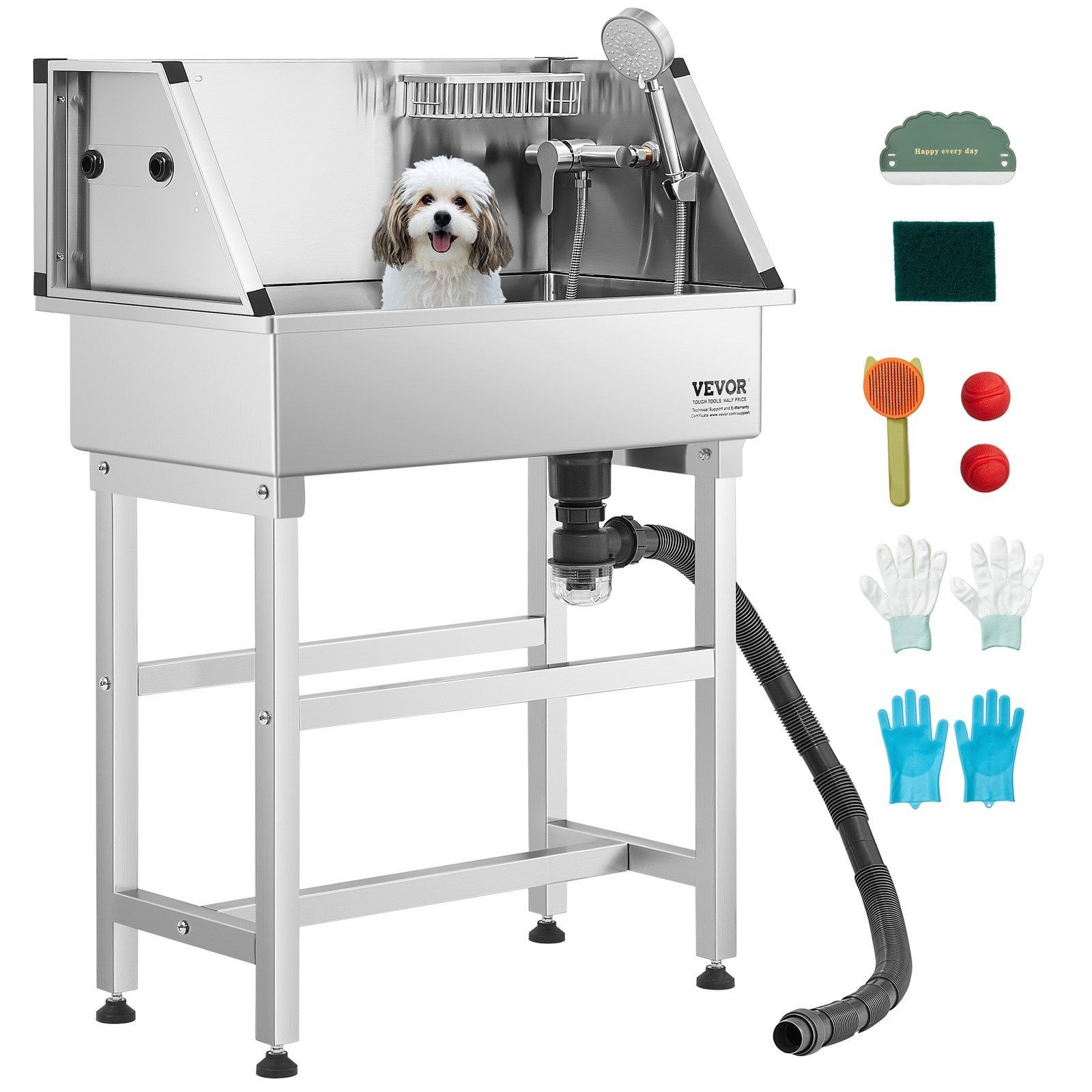 34in Stainless Pet Grooming Tub w/ Aluminum Soap Holder & 3-Pressure Shower