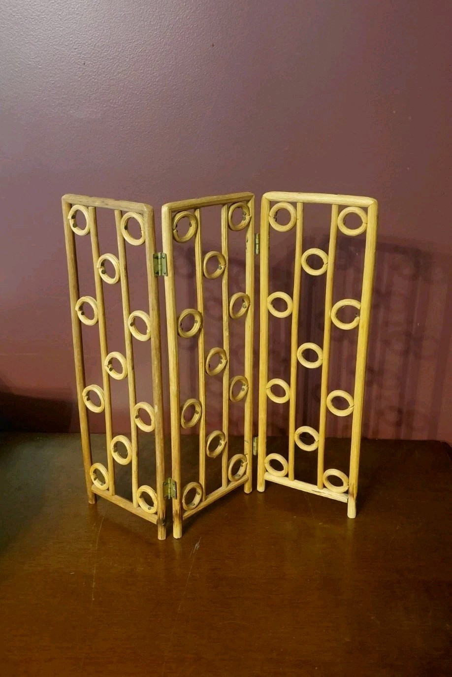 Vintage MCM 12" Small Wood Table Top 3 Panel Geometric Folding Screen Boho Chic