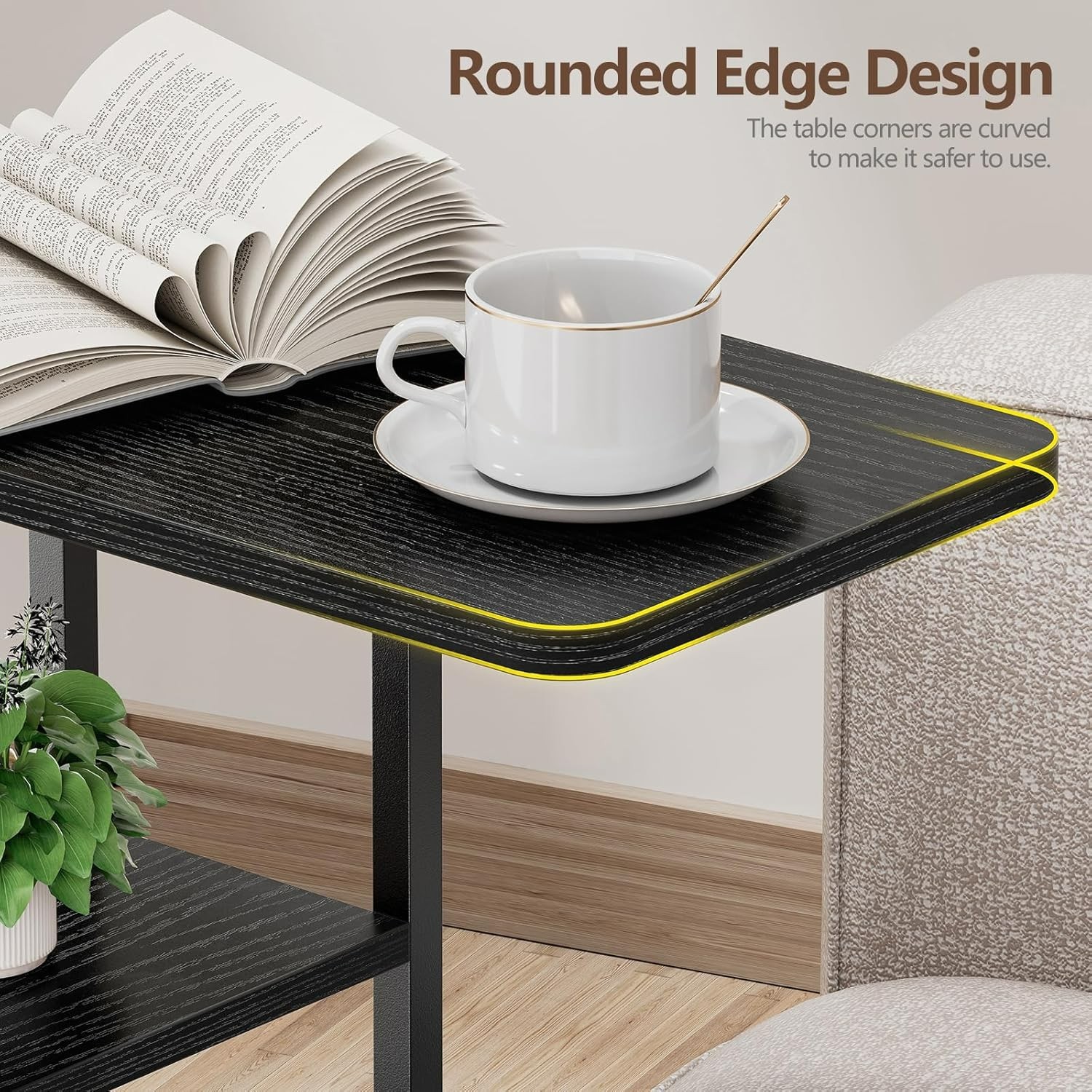 C Shaped End Table, Small Side Table for Couch, Recliner with Storage Bag