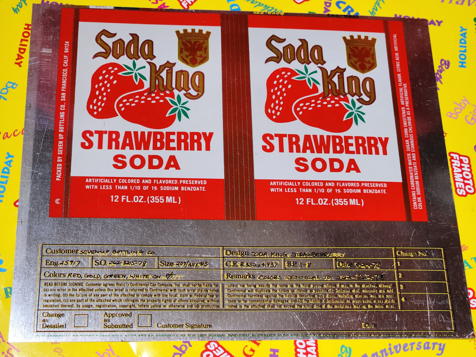 rare CONTINENTAL FLAT SODA CAN SODA KING STRAWBERRY fr 7 UP ART WORK  Museum 8w5