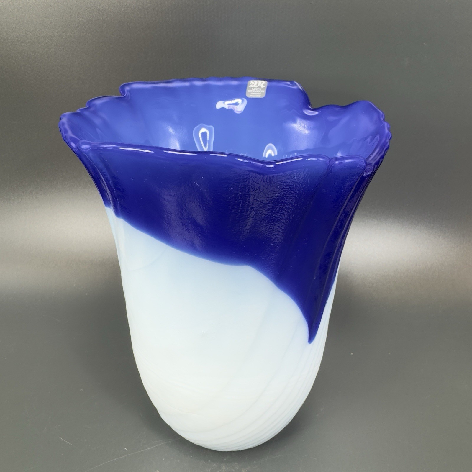 Mats Jonasson Sweden Art Glass Vase Blue Milk Glass Swirl Vintage Glassware VTG