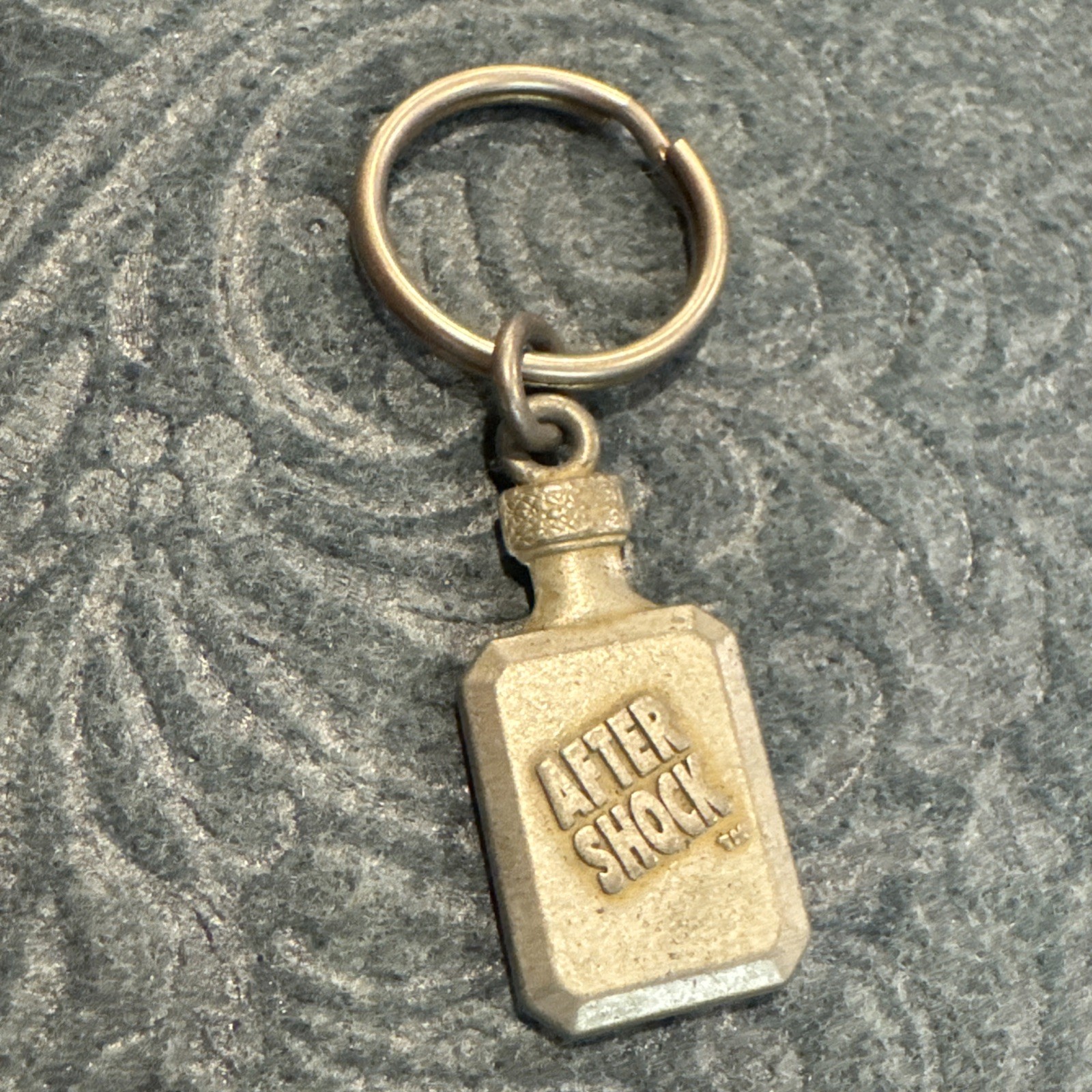 Vintage After Shock Liquor Pewter Key Chain Replica of Bottle