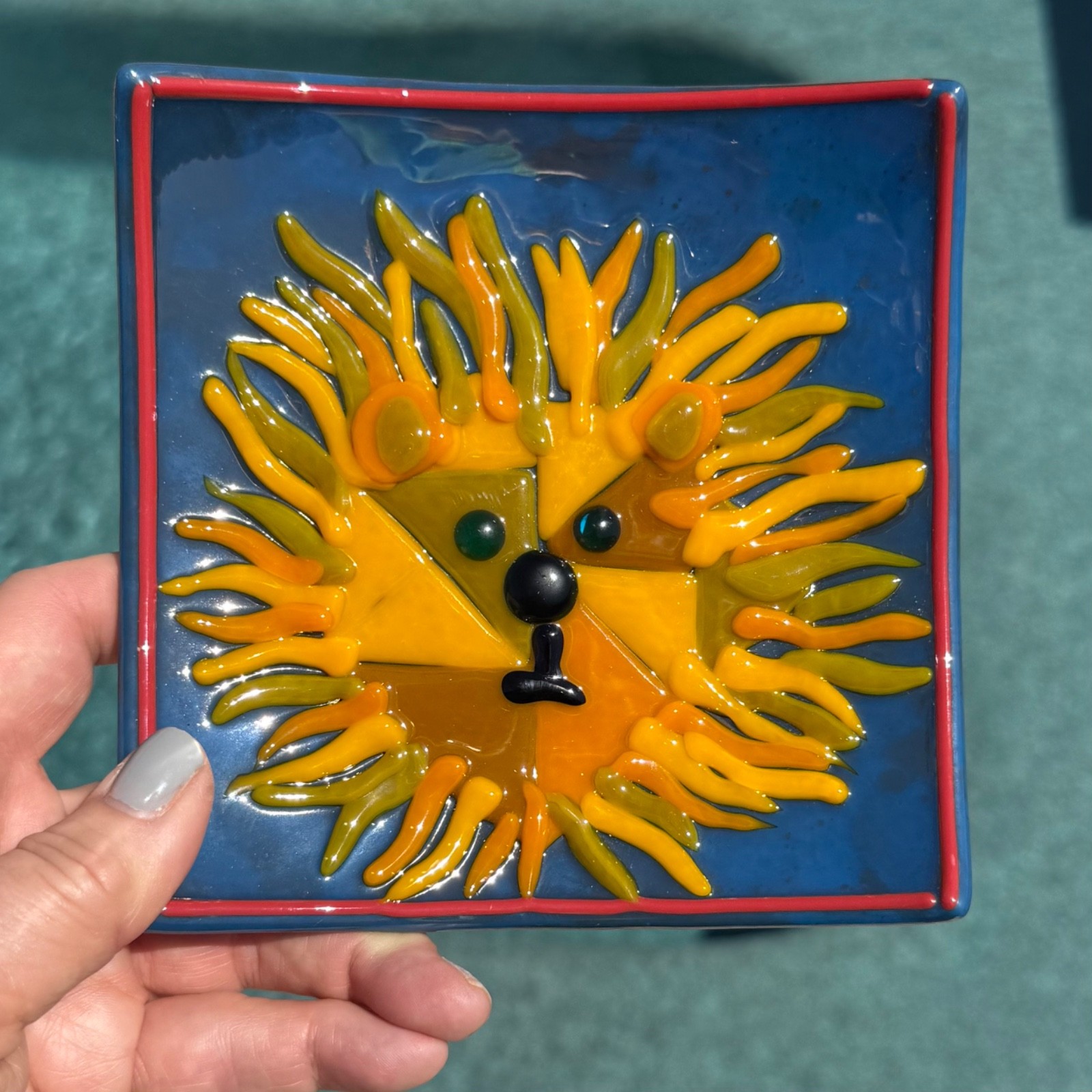 Fused glass plate with painted lion - 6x6 inches - HANDMADE