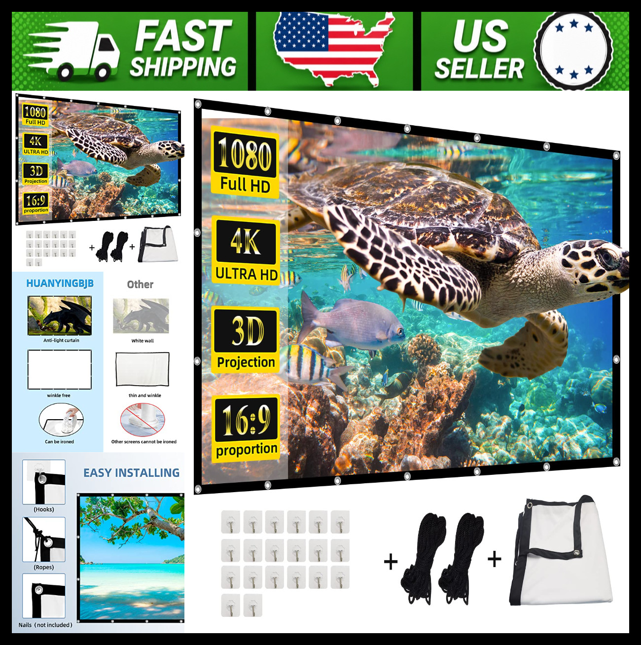 4K 16:9 Foldable Projector Screen Double-Sided Indoor Outdoor Home Theater