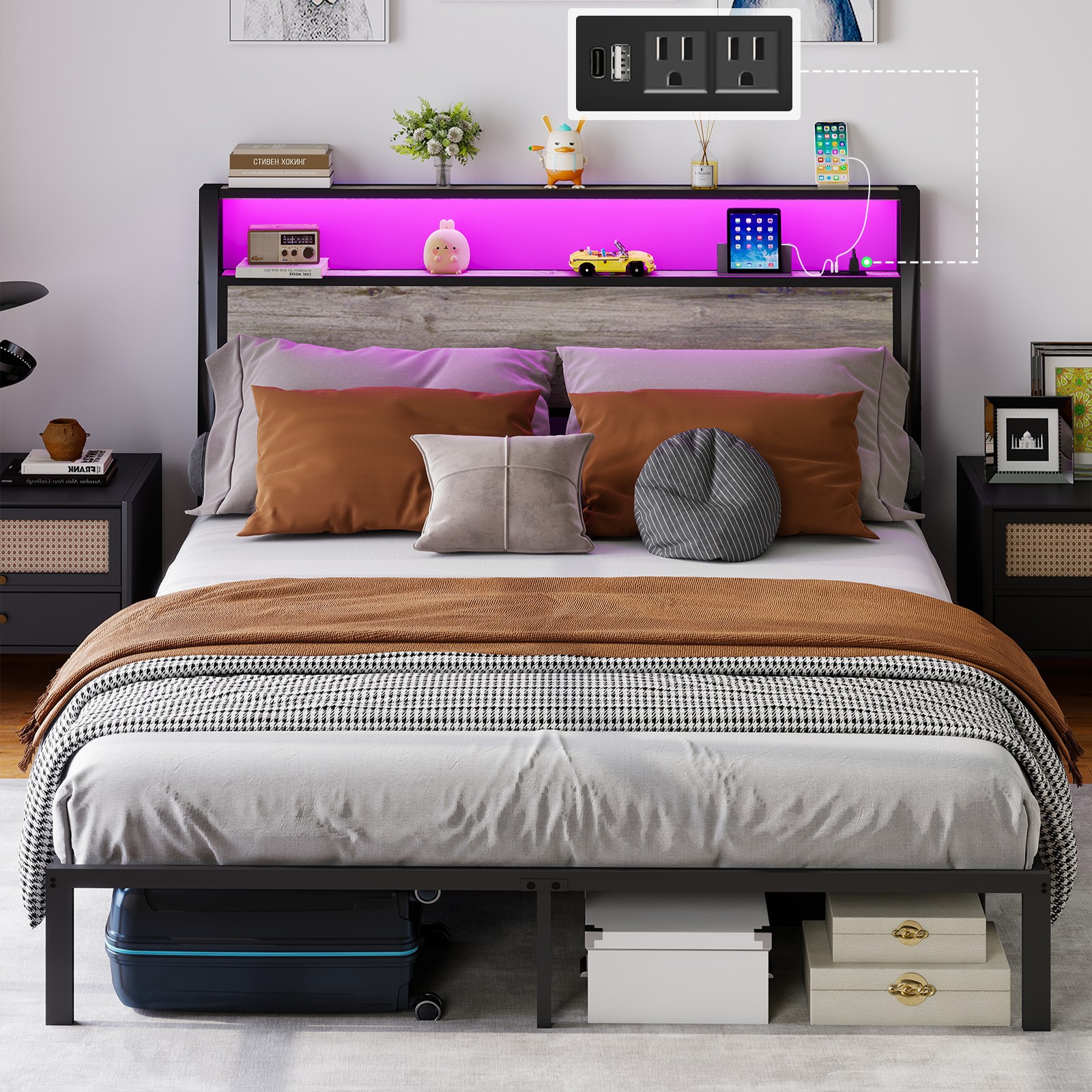 Full Queen Size Metal Platform Bed Frame w/ Bookcase Headboard＆Charging Station