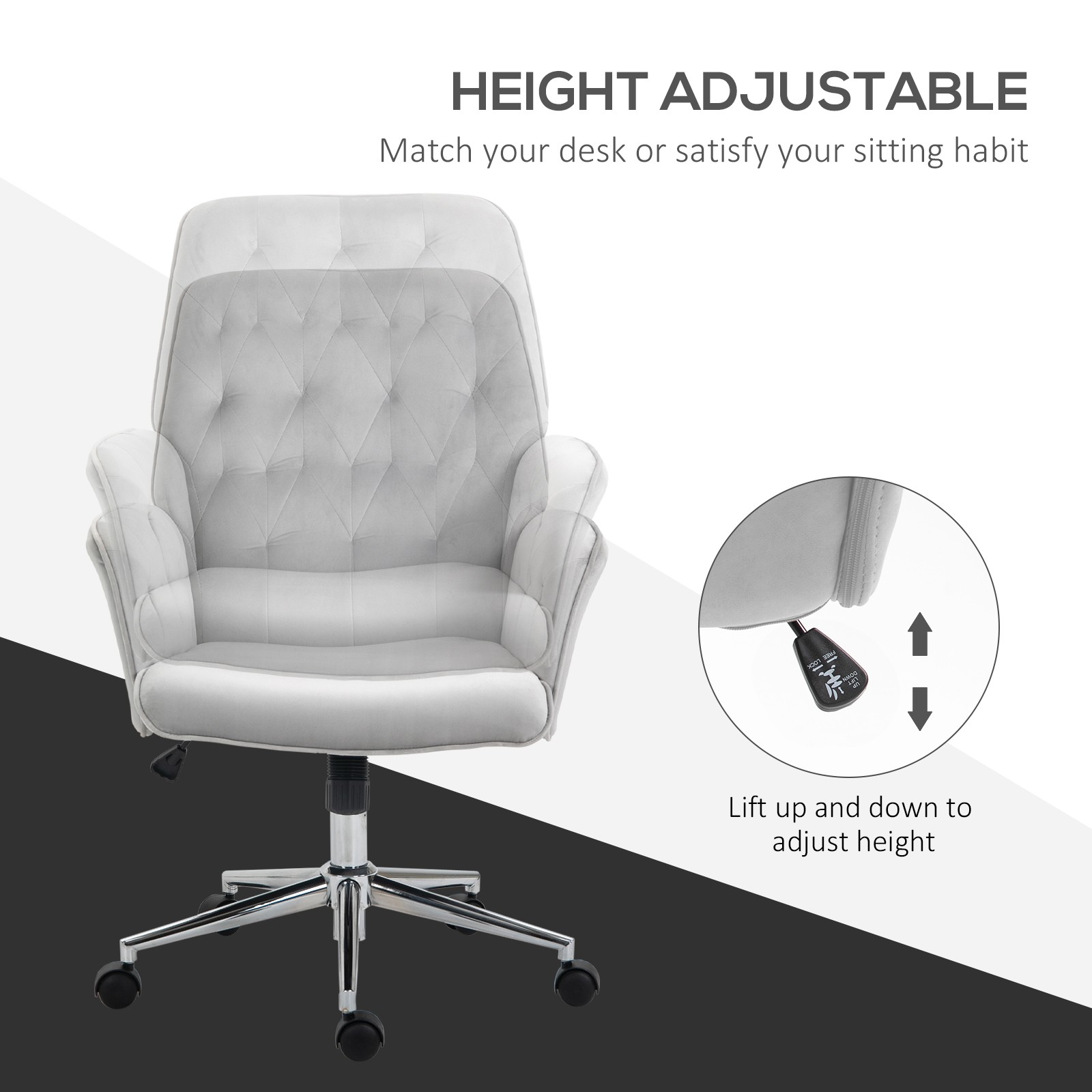 Vinsetto Swivel Computer Chair with Arm and Tufted Backrest, Light Grey