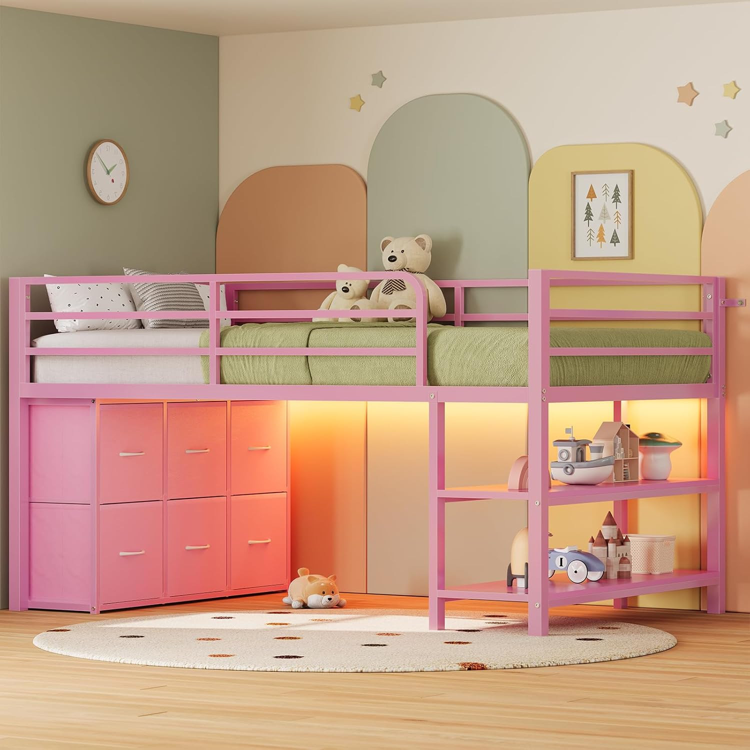 Low Loft Bed Twin Size with 6 Storage Drawers for Kids, Pink | Twin Loft Bed wit