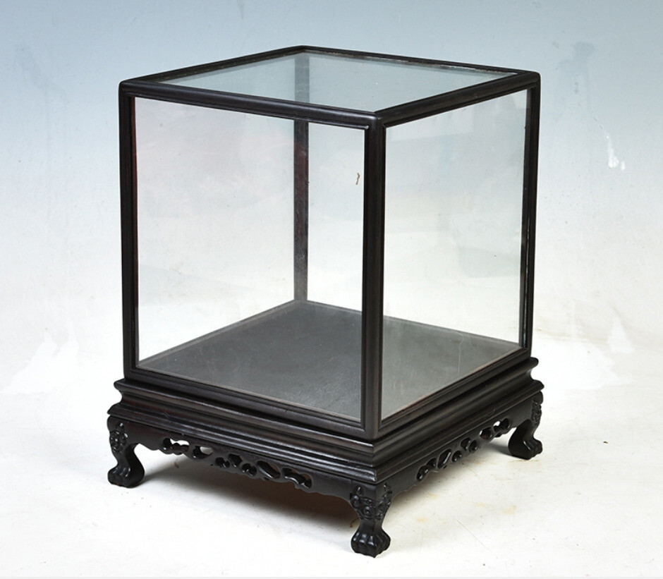 8.0x8.0x8.0cm Ebony Wood Trim Display Cover Transparent Glass Doll Antique
