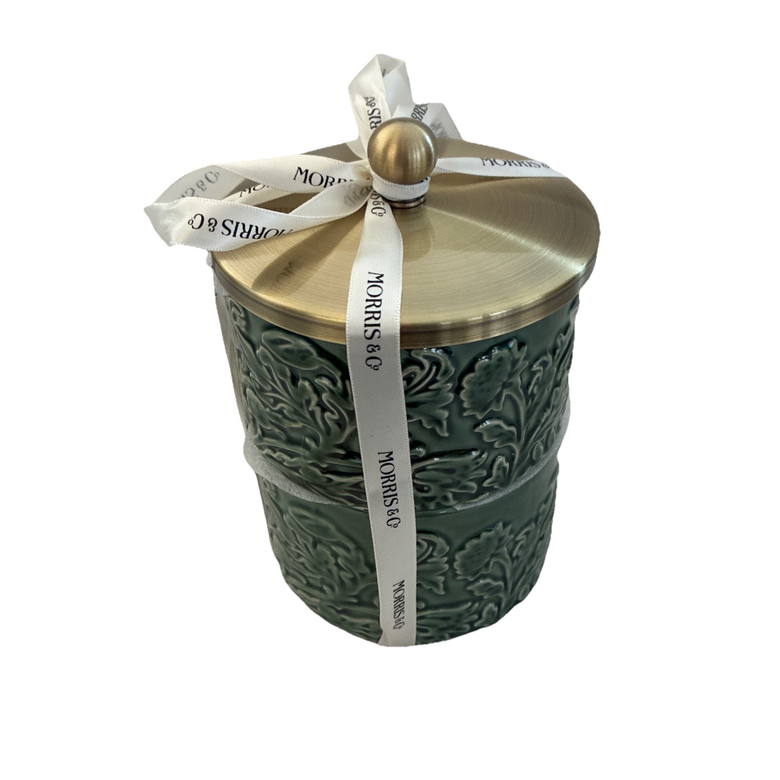 New Morris & Co Green Ceramic Vanity Set 2 Piece Stacking Cotton Ball Canister