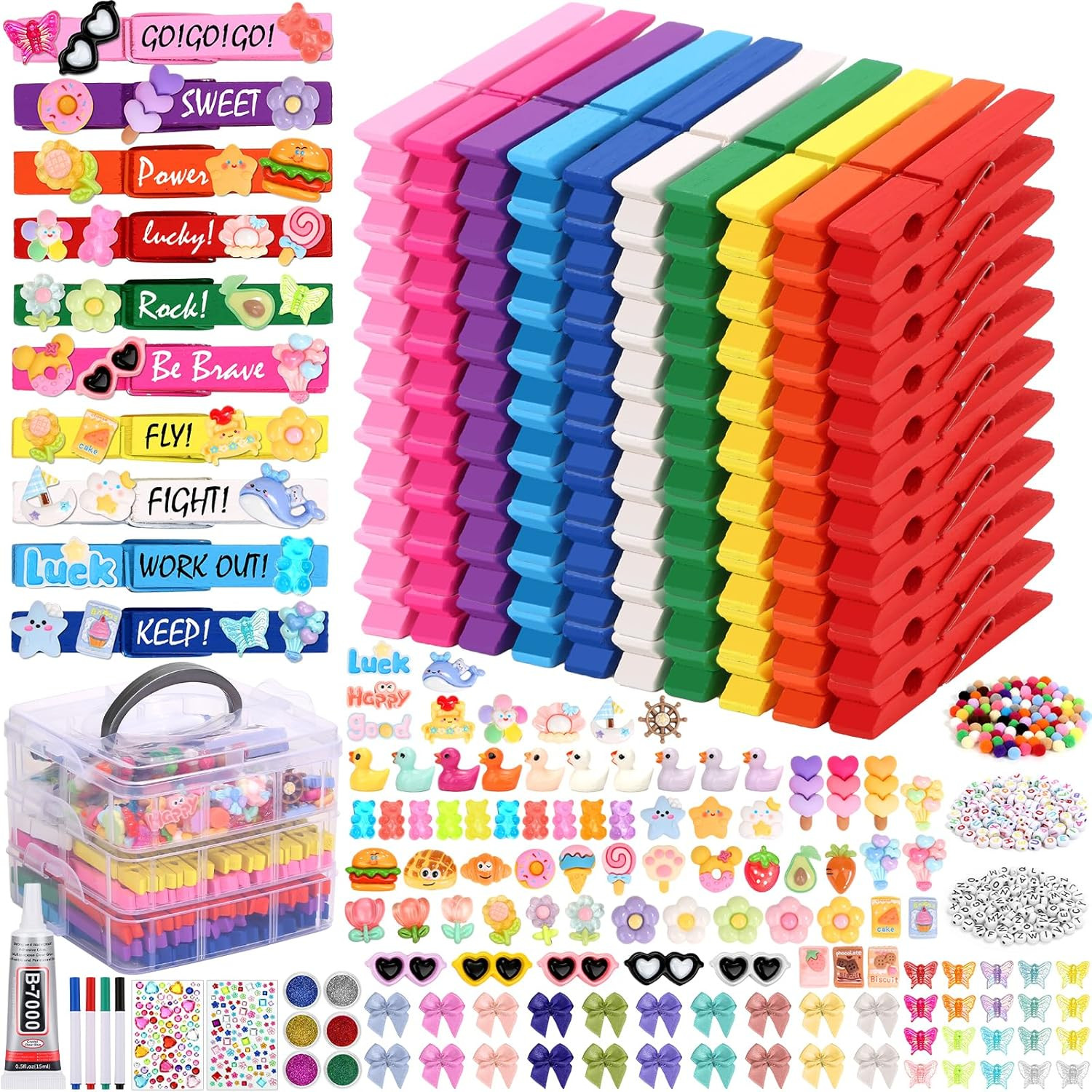 Cheer Pin Making Kit with Wooden Clips, Charms, Beads, and Pompoms