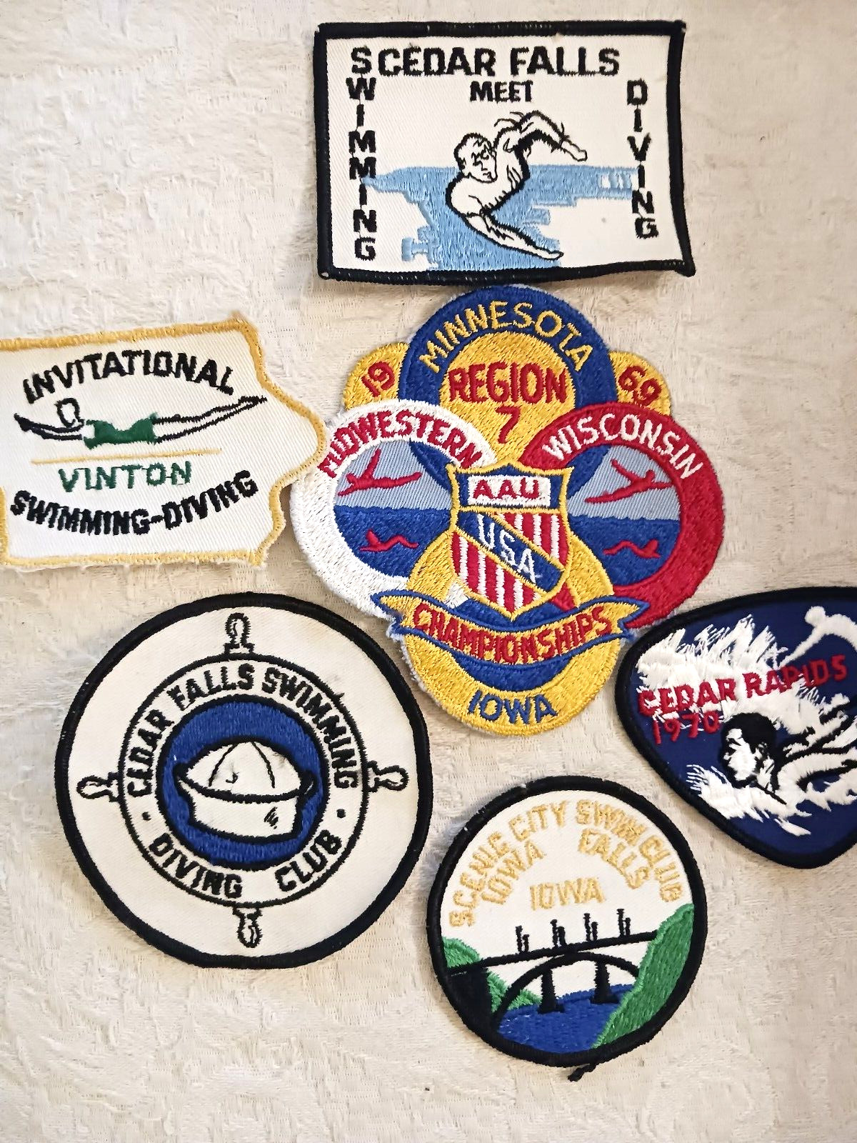 Lot of 6 Vtg Swimming Diving Patches 1969-70 Iowa AAU Cedar Falls Rapids Vinton