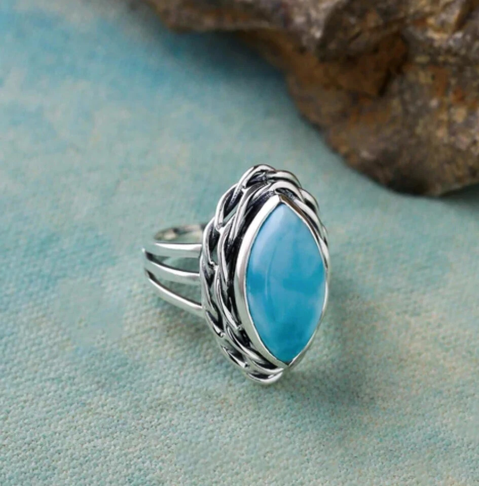 Natural Larimar Gemstone Ring Solid 925 Sterling Silver Handmade Pretty Ring MK*