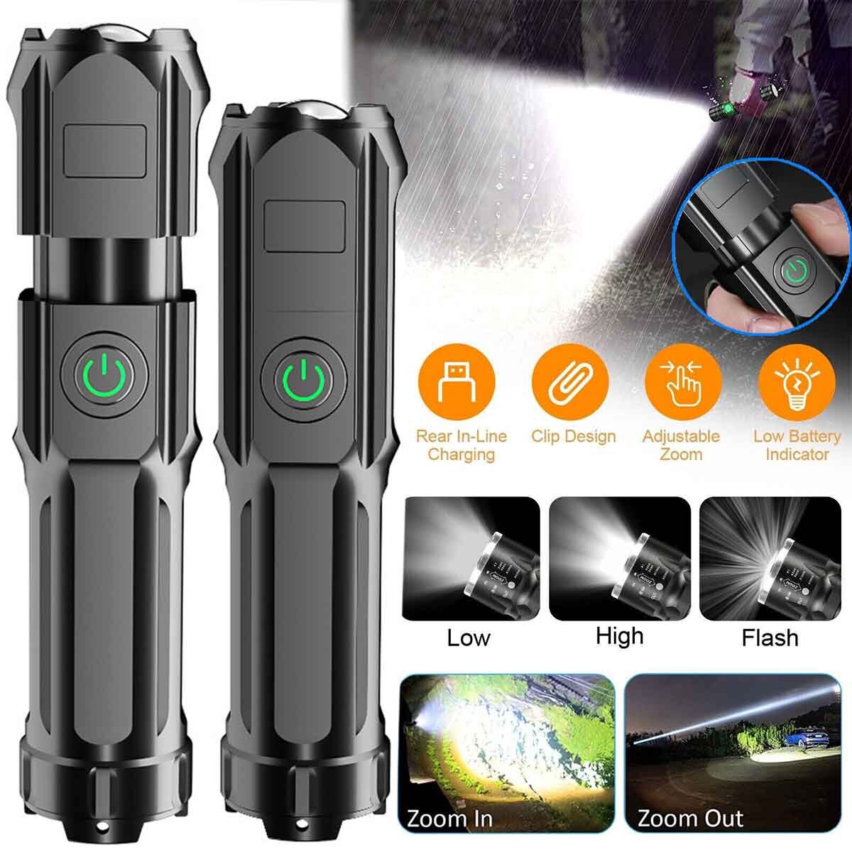 Rechargeable LED Flashlight Tactical Police Super Bright Torch Zoomable 3 Modes
