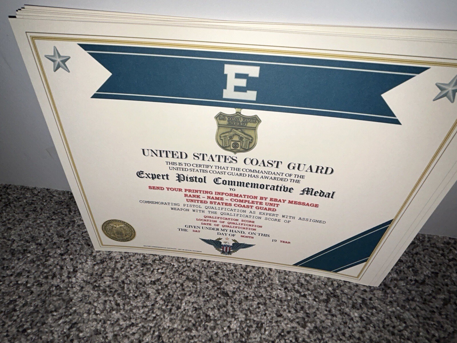 COAST GUARD - EXPERT PISTOL MEDAL COMMEMORATIVE CERTIFICATE ~ W/PRINTING TYPE-1