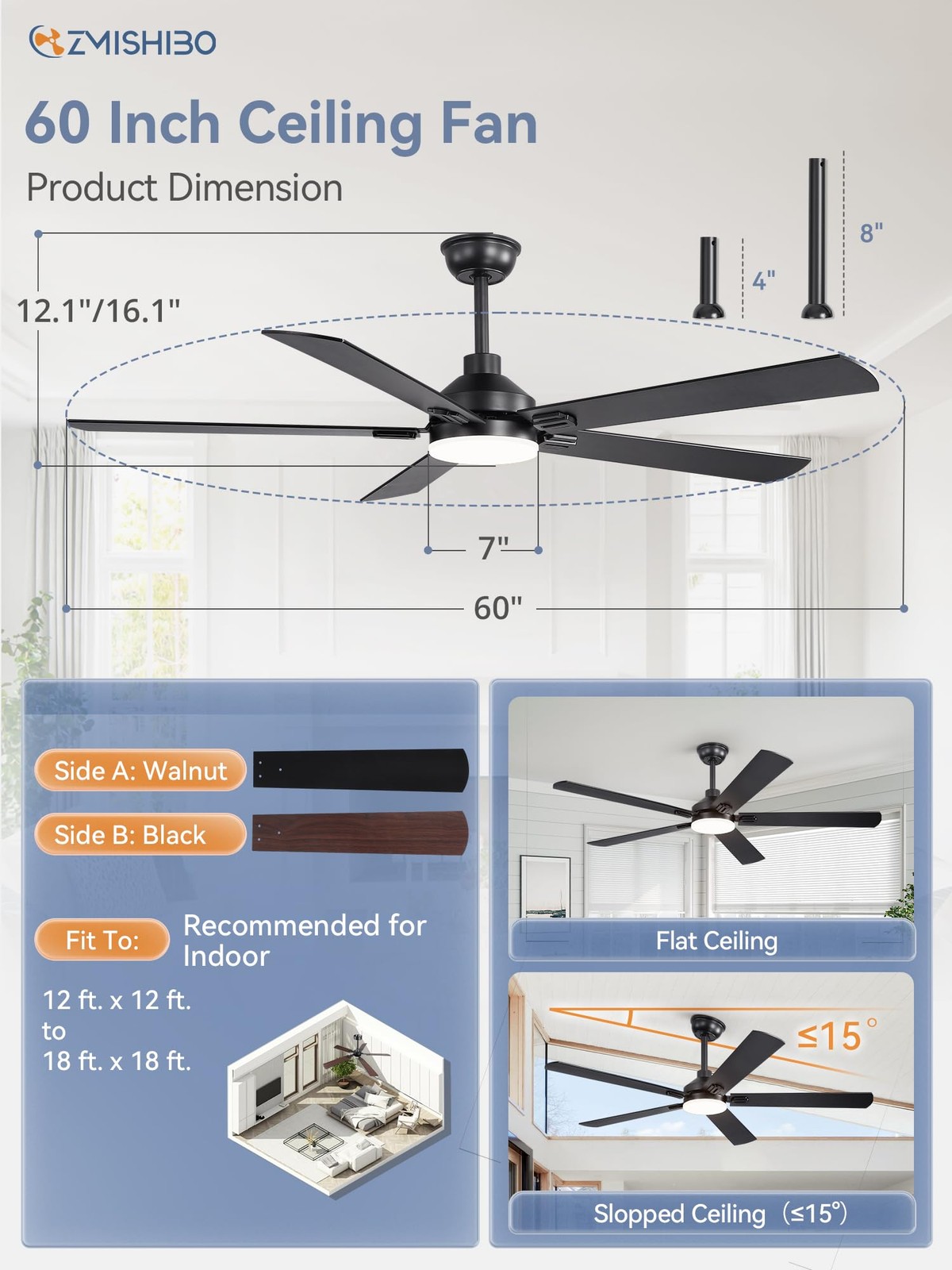Zmishibo 60 Ceiling Fan with Light - Modern Black Remote Control