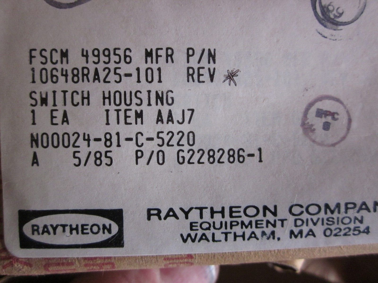 Raytheon Systems 10648RA25-101 switch subassembly nsn 5930011759918