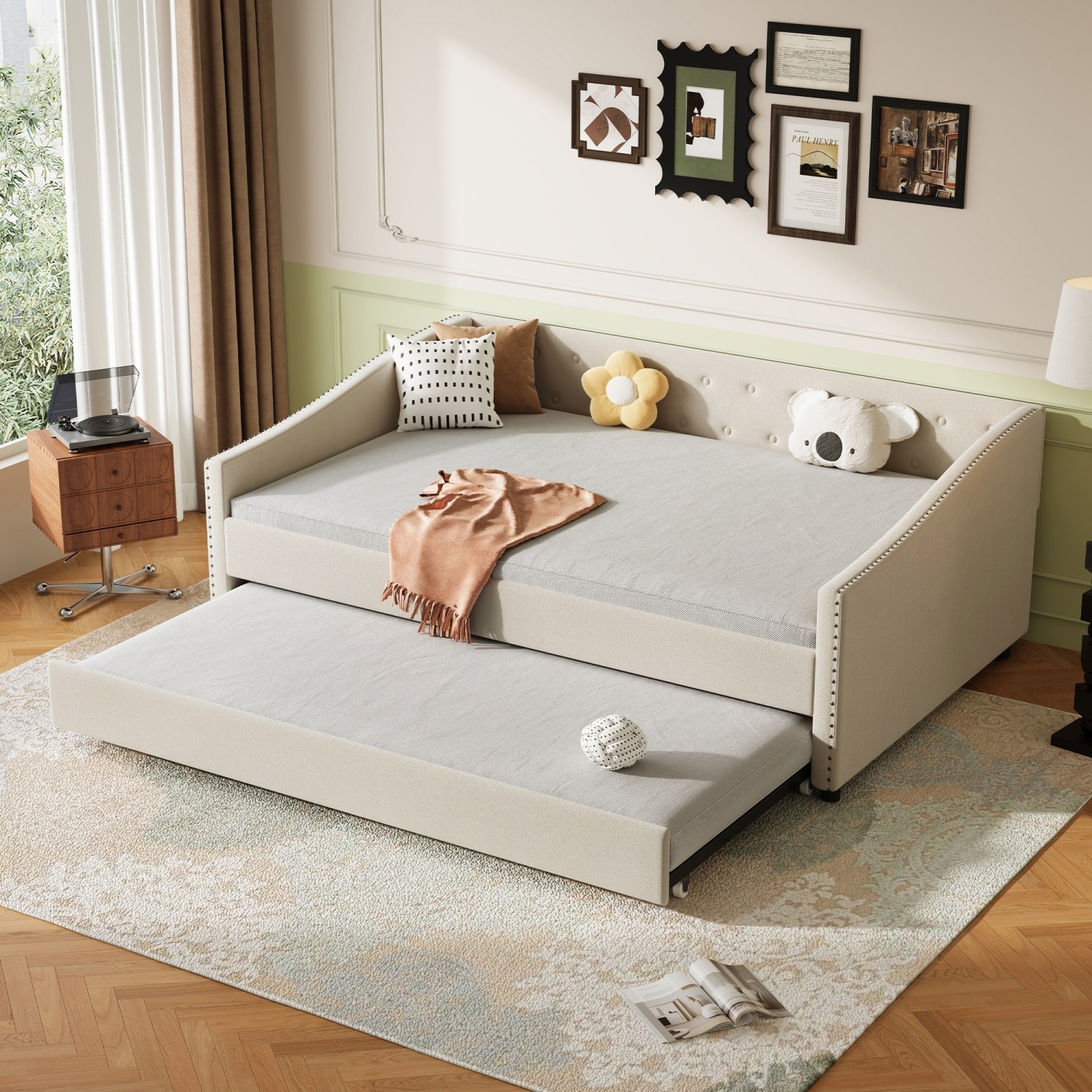 Full Size Daybed Linen Upholstered Bed Frame Sofa Bed with Trundle Bed