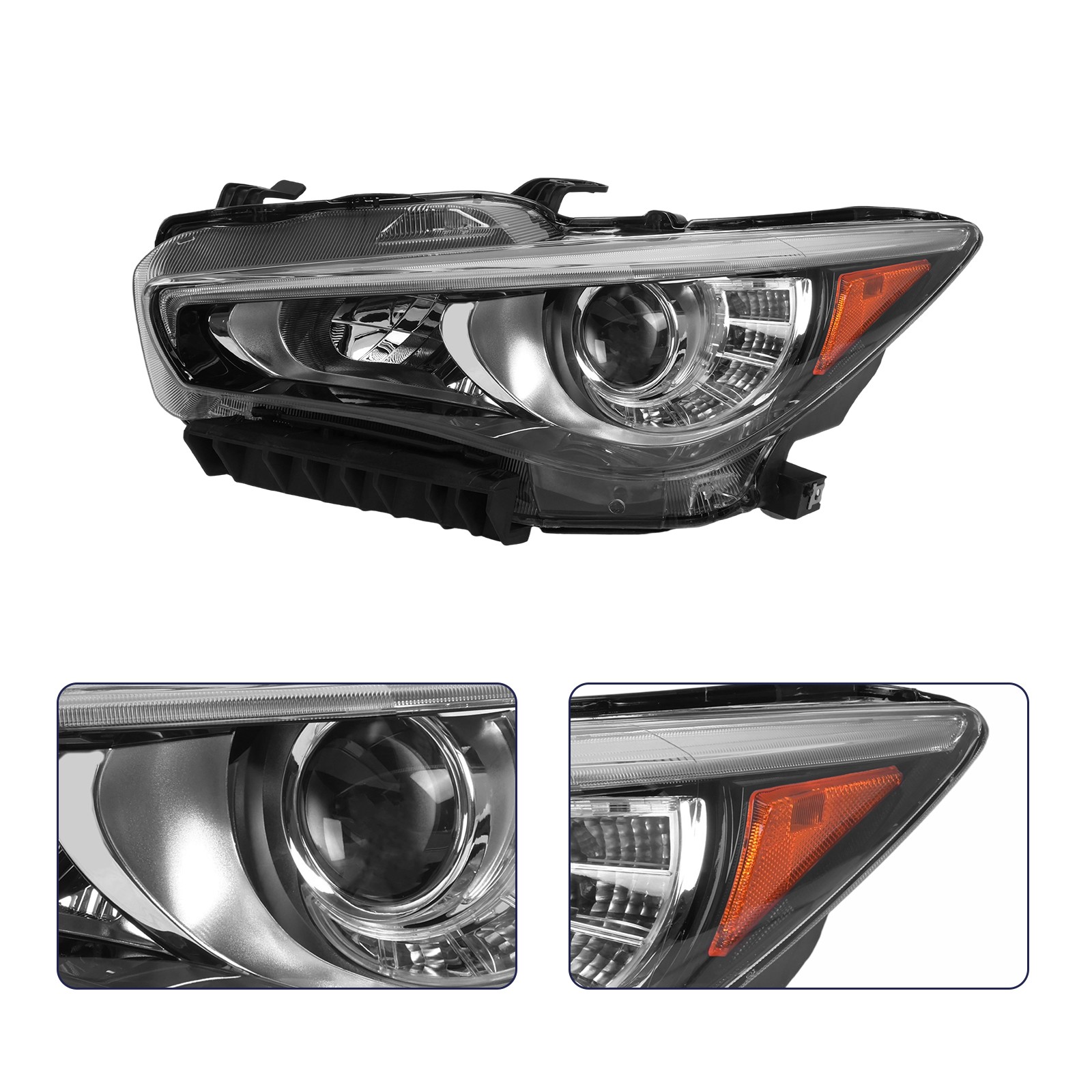 For 2014-2022 INFINITI Q50 w/o AFS Chrome LED DRL Projector Headlight Left Right