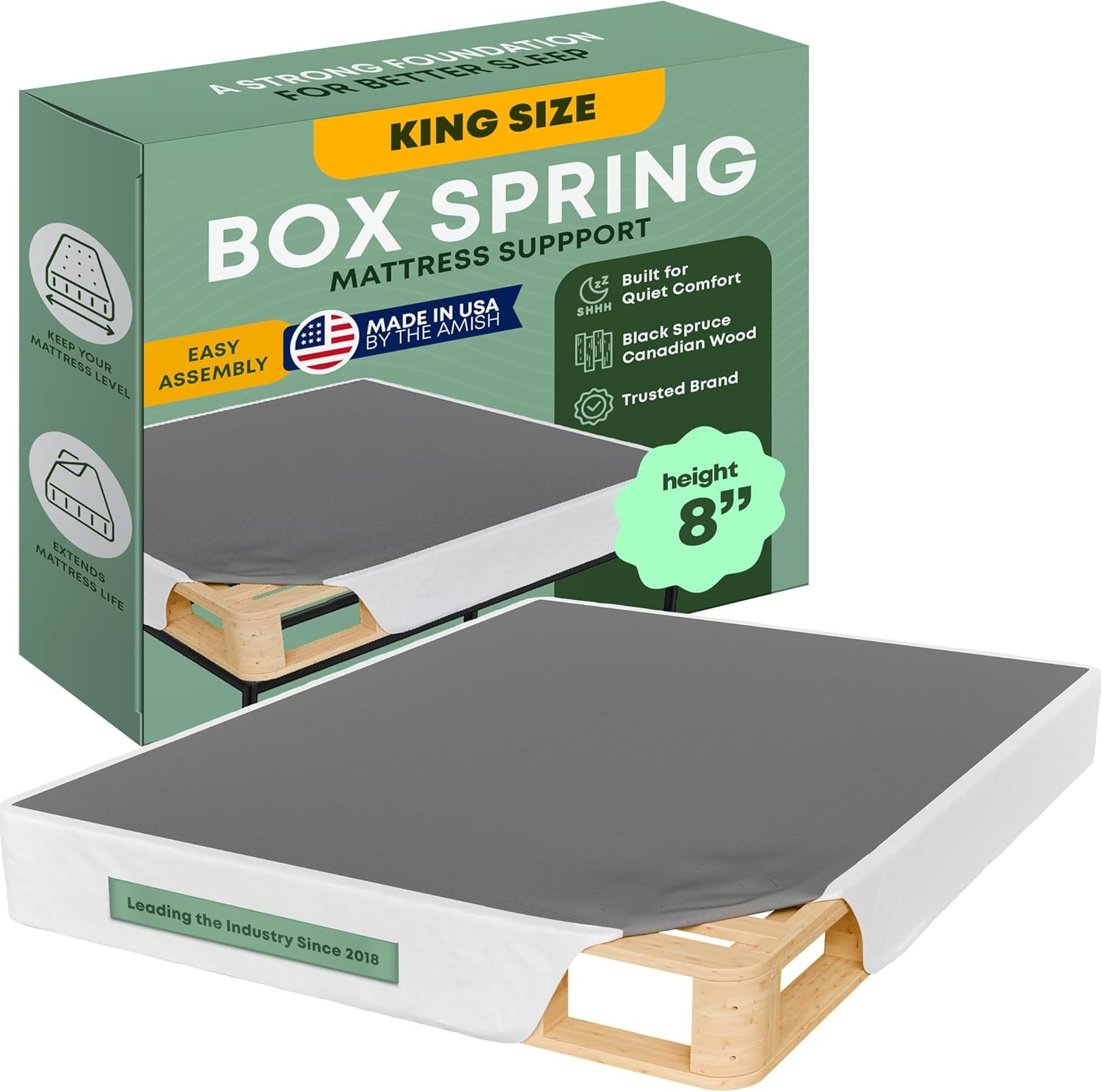 Amish-Made King Bed Box Spring - 8-Inch, Easy Assembly, Noise-Free (White)
