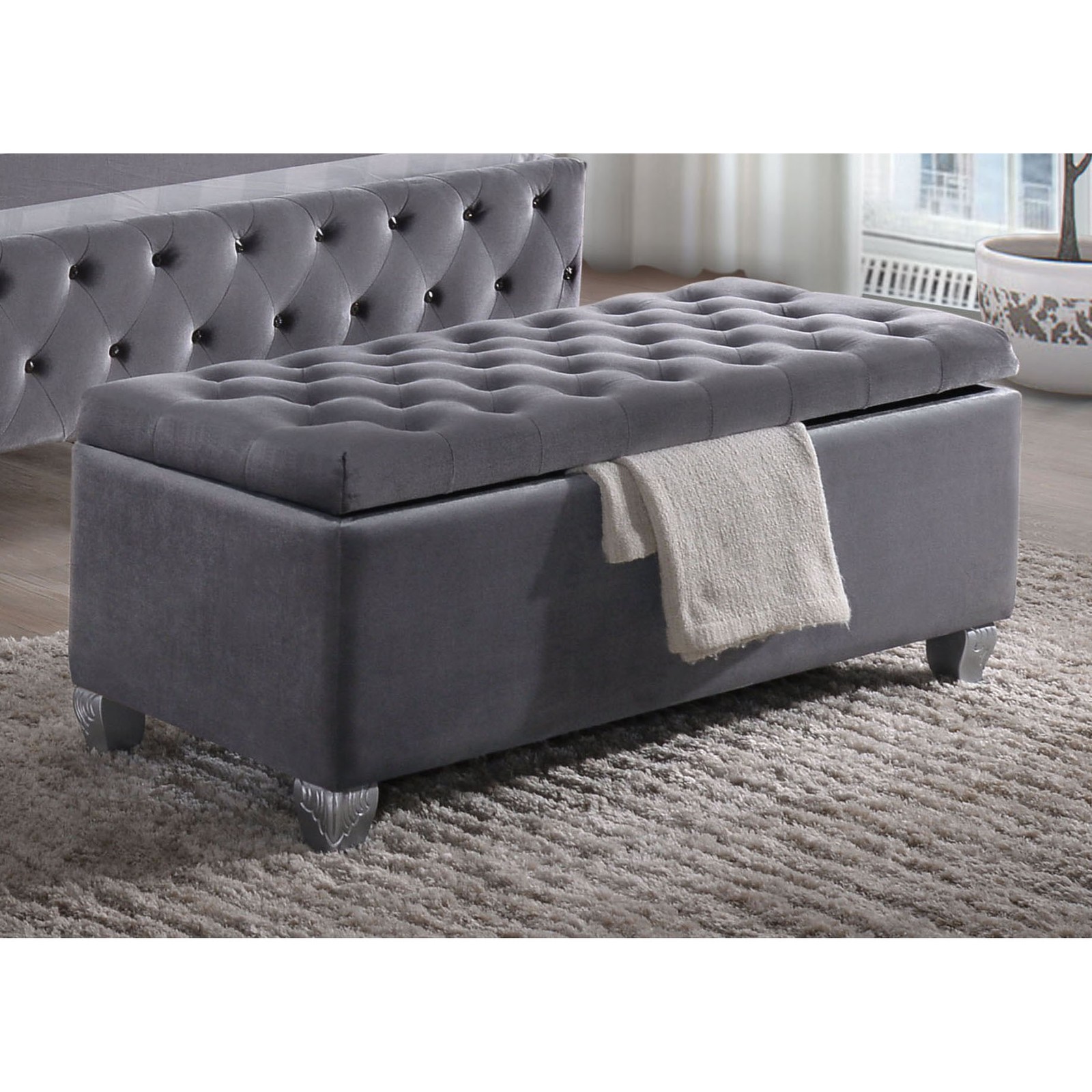 Grey Tufted Storage Bench - Upholstered Ottoman with Lift-Up Seat