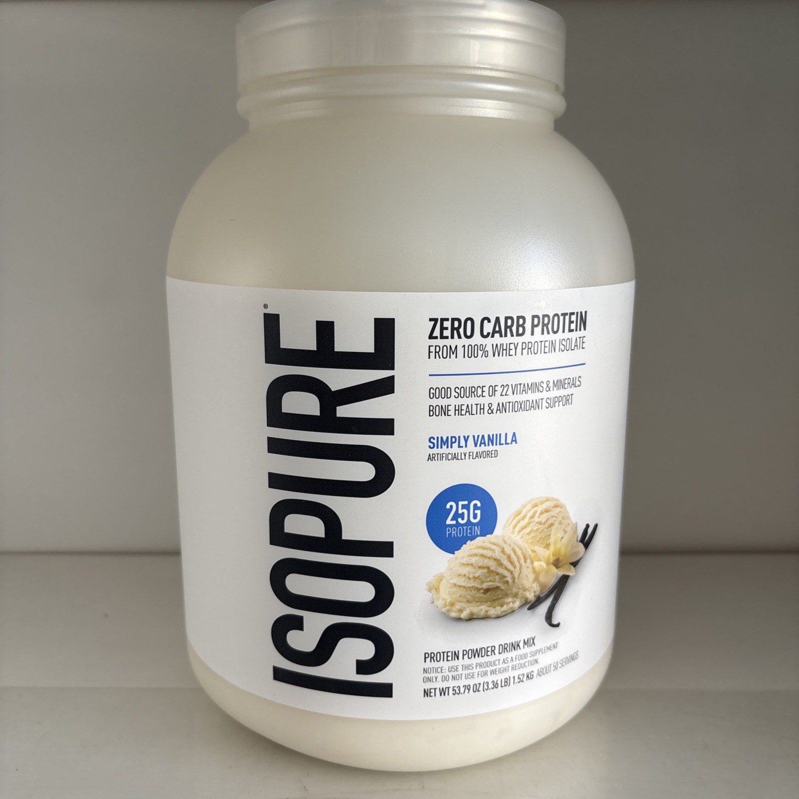 Isopure Zero Carb 25G Whey Protein Isolate,Vanilla 3.47lb Zero Sugar, Exp 2/2027