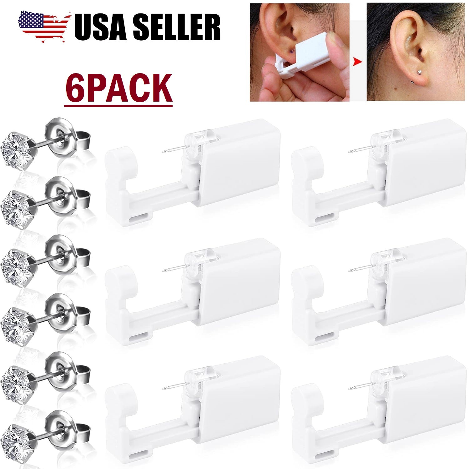 6Pcs Ear Piercing Disposable Kit Silver Stud Earring Gun DIY Home Self Ear Sets