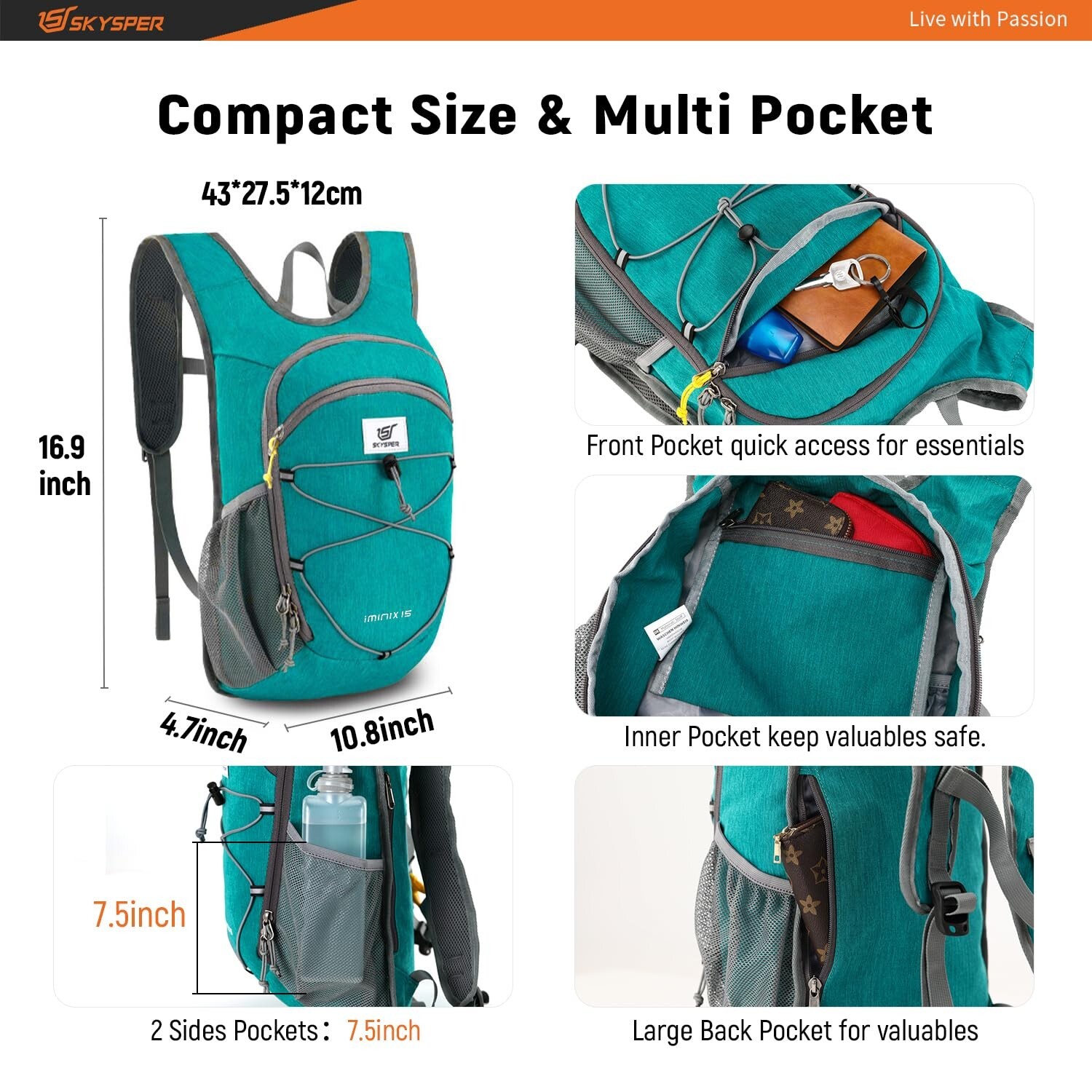 SKYSPER 15L/20L Foldable Hiking Backpack Lightweight Packable Travel Daypack ...