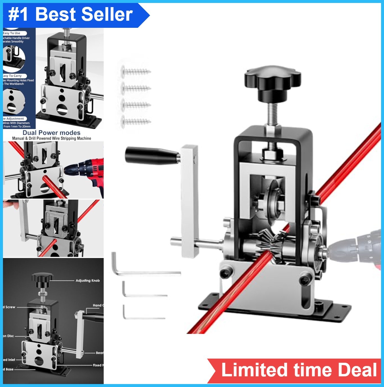 Manual Wire Stripper Machine 0.06 to 0.98 Inch Hand Crank Drill Powered Copper
