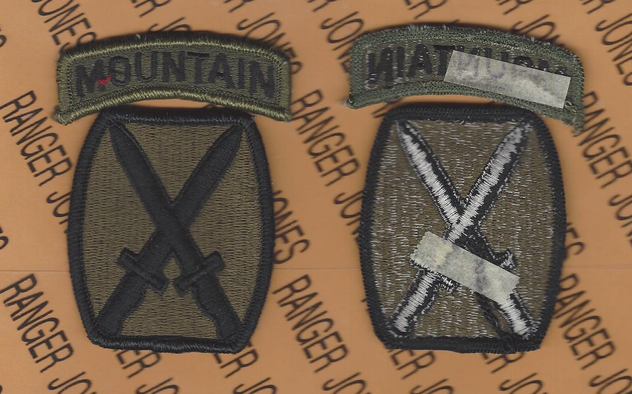 10th Mountain Infantry Division OD Green & Black BDU patch w/ tab set m/e
