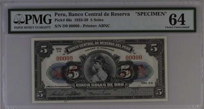 Peru 5 Soles 1939 P66s UNC - Specimen / PMG 64