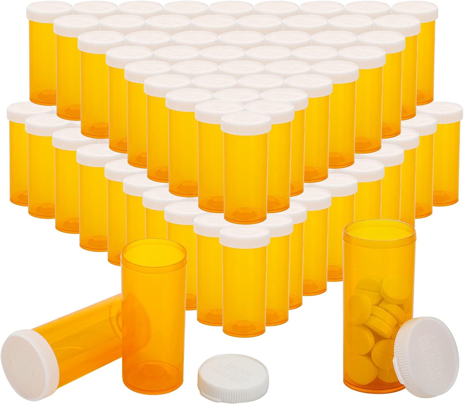 100 Pack Empty Pill Bottles, 8 Drams Prescription Medicine Vials with Caps, Mult