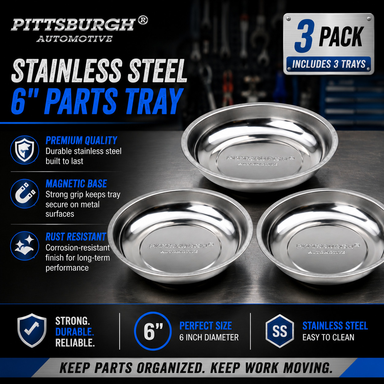 Pittsburgh Automotive 6" Magnetic Parts Holder Dish Bowl Tray Stainless Steel
