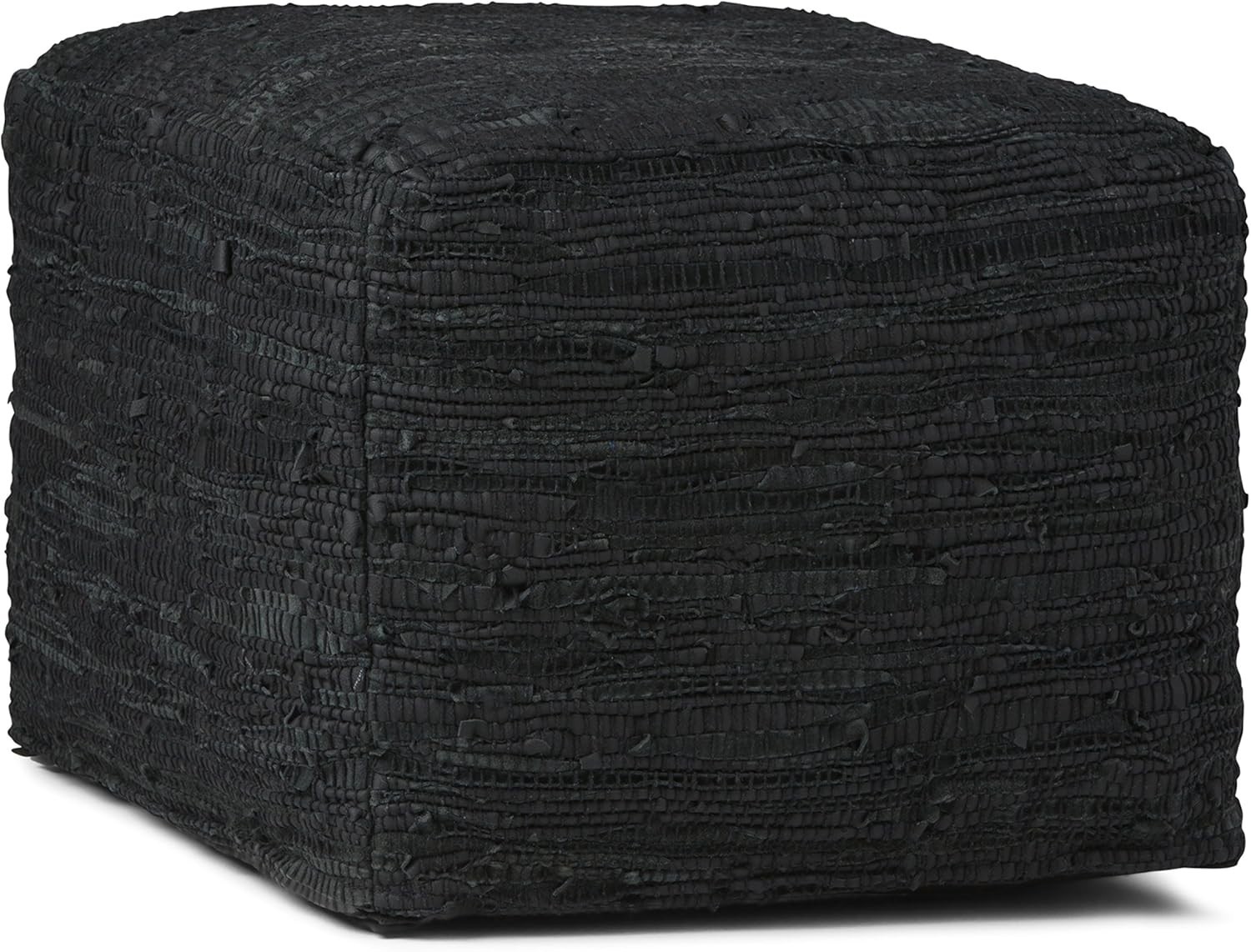SIMPLIHOME Fredrik Boho Square Pouf in Black Woven Genuine Leather