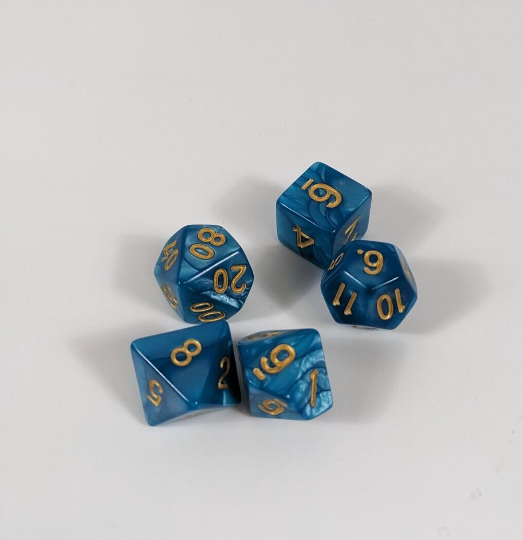 Lot Of 5 Polyhedral RPG Dice Pearlescent Blue / Gold Unknown Manufacturer