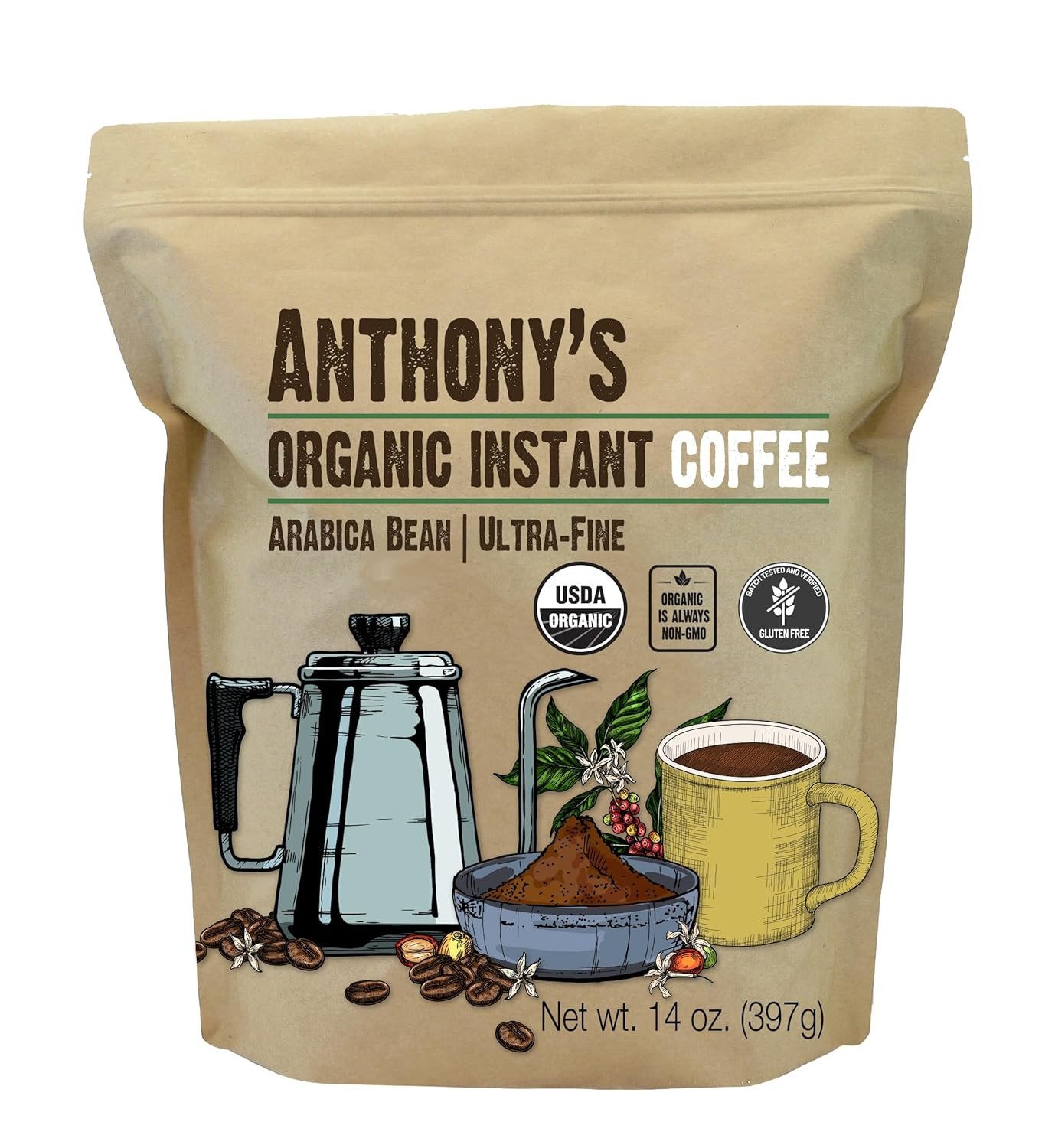 Organic Instant Coffee,14Oz, Ultra Fine Microground, Gluten Free, Arabica, Non G