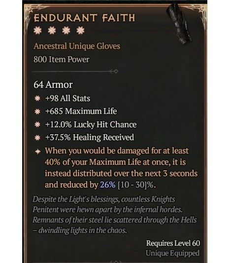 Diablo 4 Season 12 Endurant Faith 4GA 26% Ancestral Unique Gloves Gear Equipment