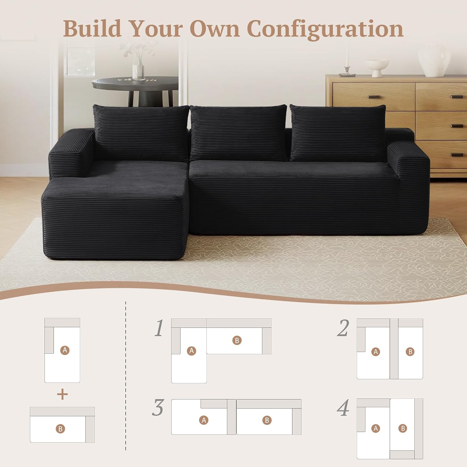96.9 Inch Boneless L-Shaped Sectional Sofa, No Assembly Compressed Modular Couch