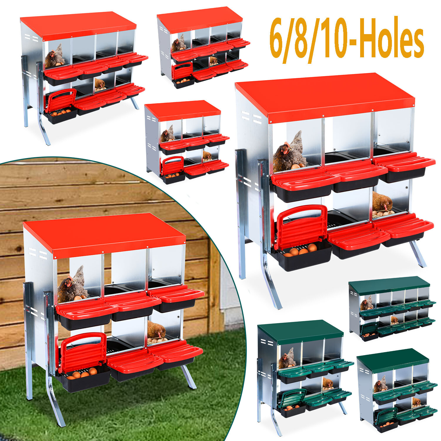 6/8/10Holes Chicken Nesting Box Coop Egg Laying Box with Roll Out Egg Collection