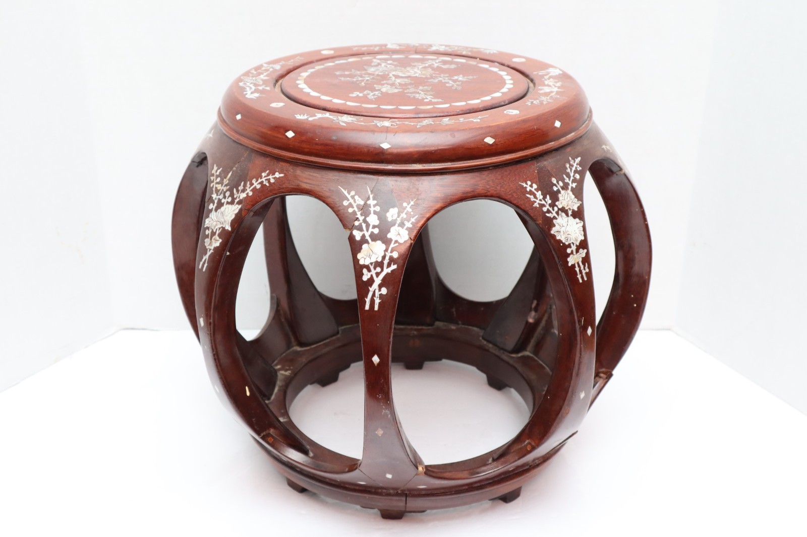 Chinese Rosewood And Mother Of Pearl inlay Garden Drum Stool Footrest 13.5"