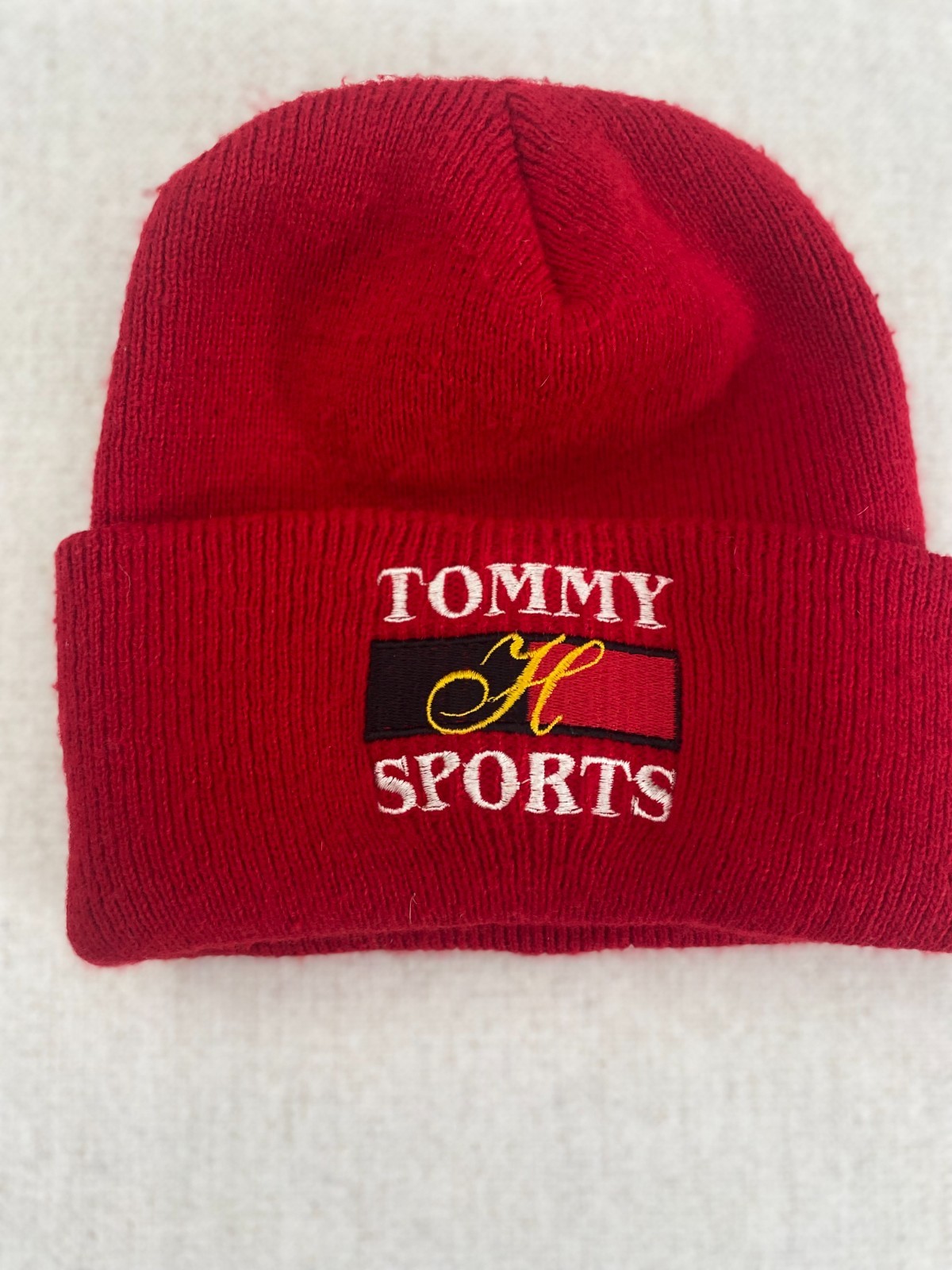 Tommy Hilfiger Sports Beanie Unisex Red Knit Cuffed Embroidered Made USA