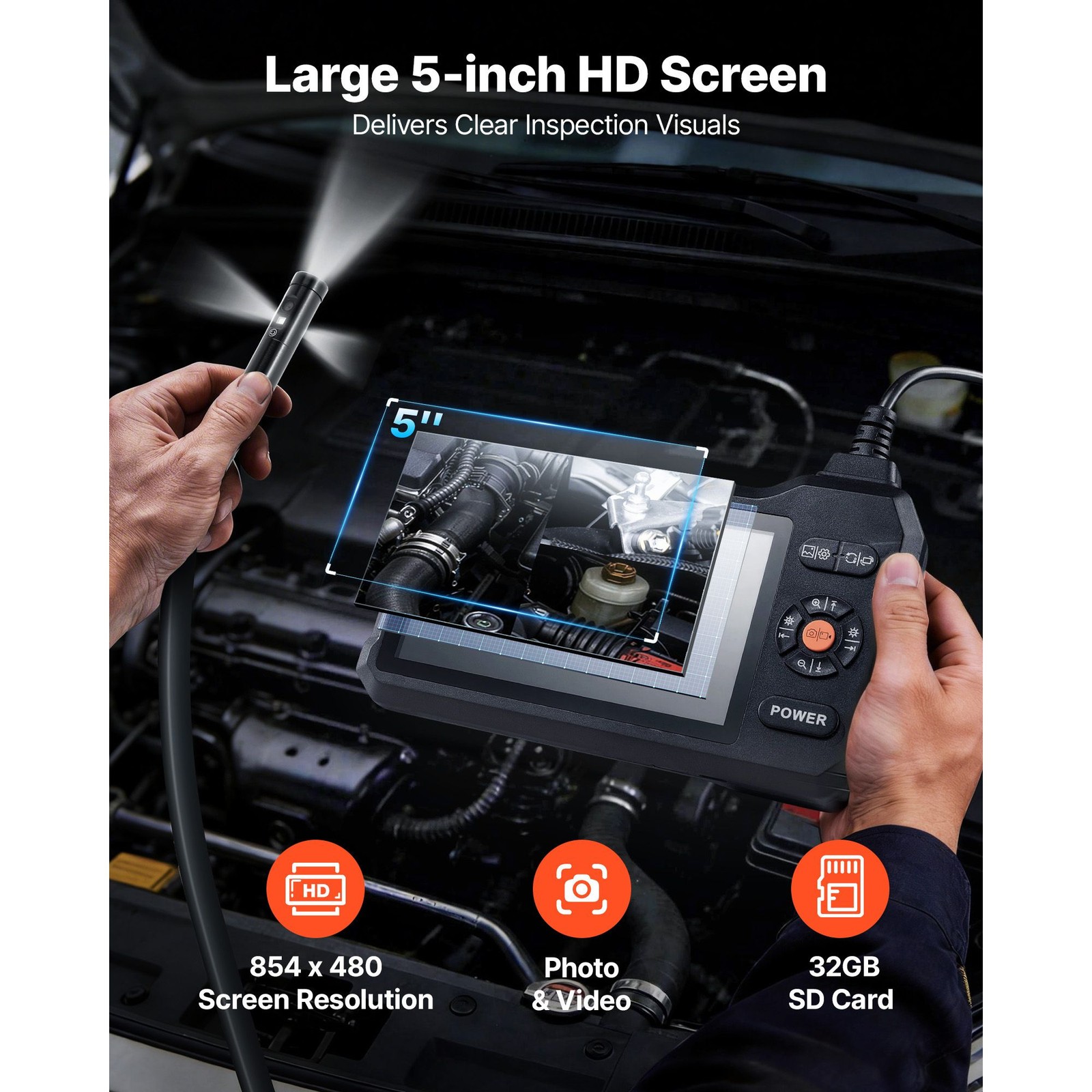 Rigid-Cable Borescope: Triple Lens, 5" HD IPS, 8X Zoom, IP67, 16.4ft