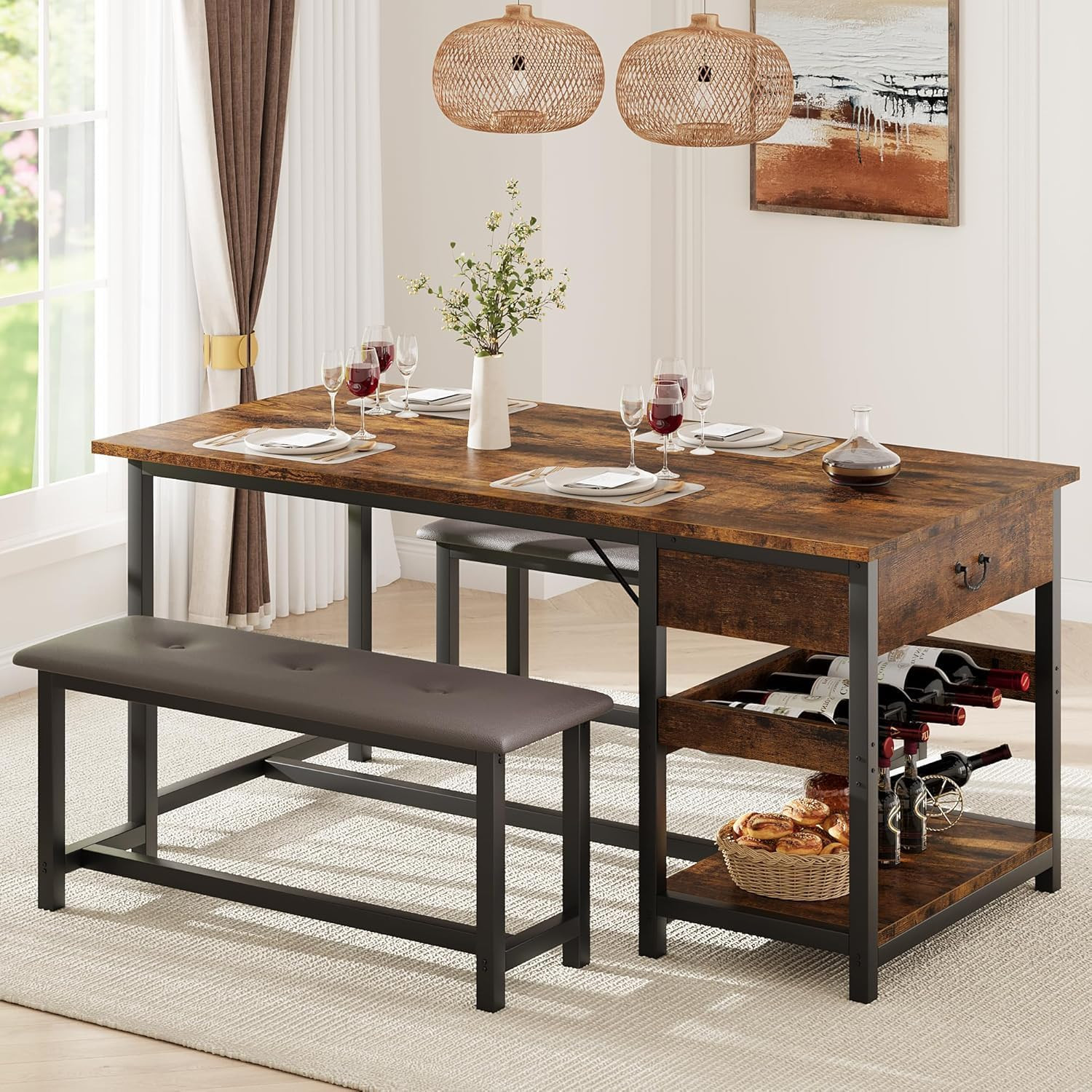 Kitchen Dining Table Upholstered Benches Set w/Storage Drawers & Wine Rack for 4