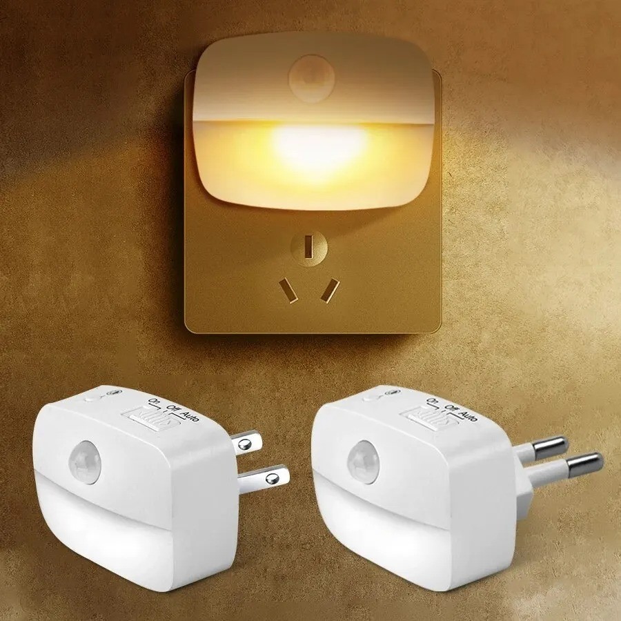 LED Motion Sensor Night Light Plug In EU US Wall Lamp Bedroom Stair Light