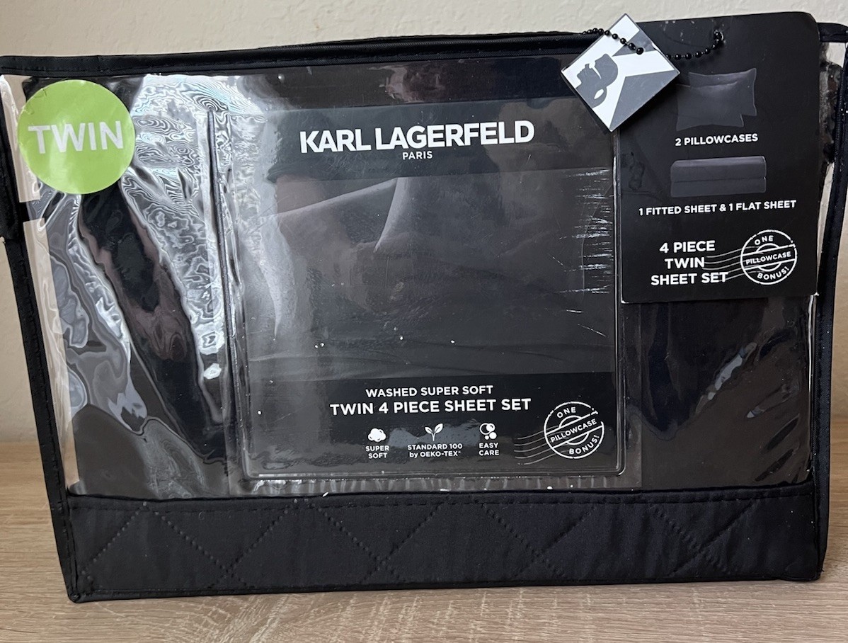 New Karl Lagerfeld 3 Piece Sheet Set Twin Inky Jet Black Microfiber