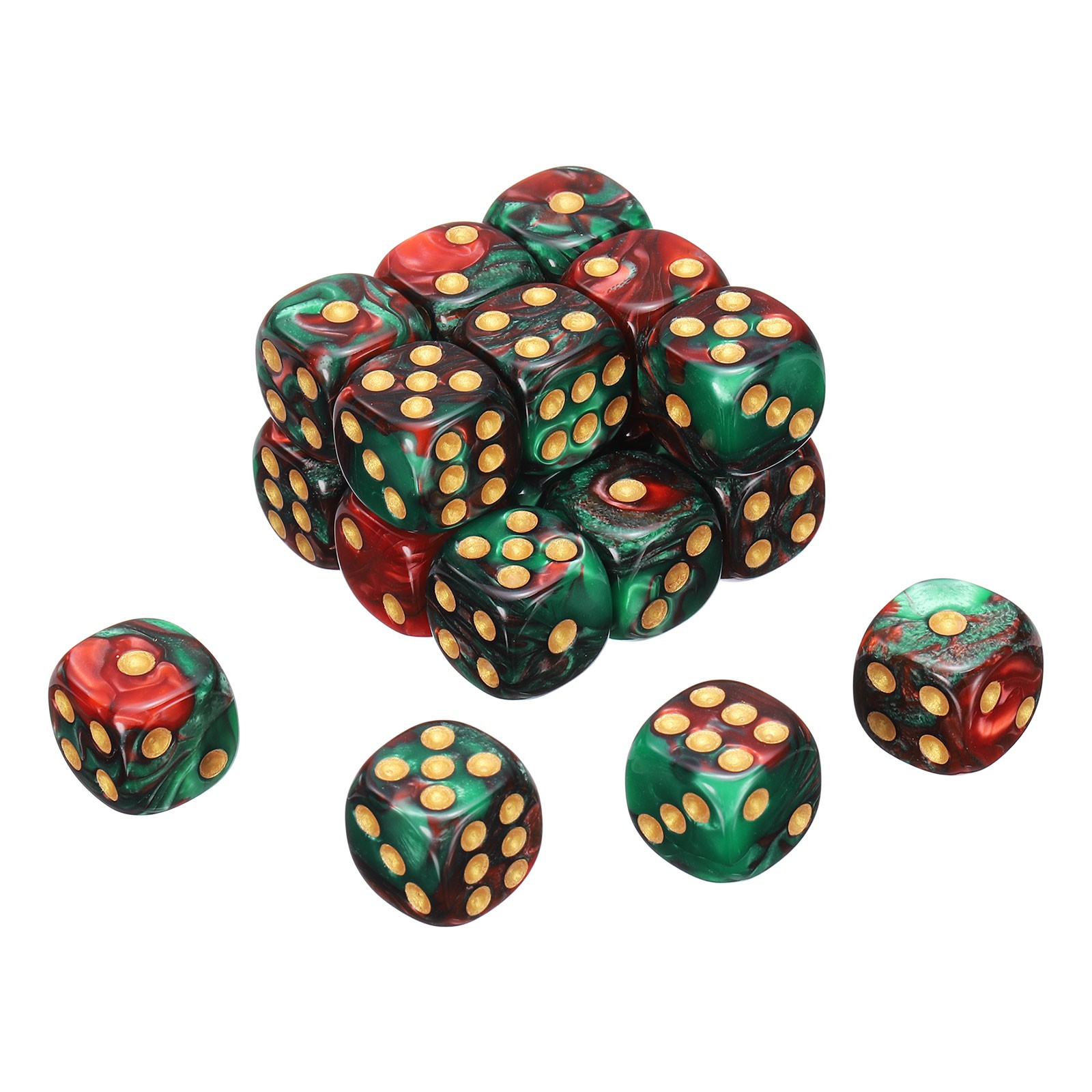 20Pcs 6 Sided Colored Standard Dice, Acrylic D6 Mini Game Dice, Red/Green, Gold