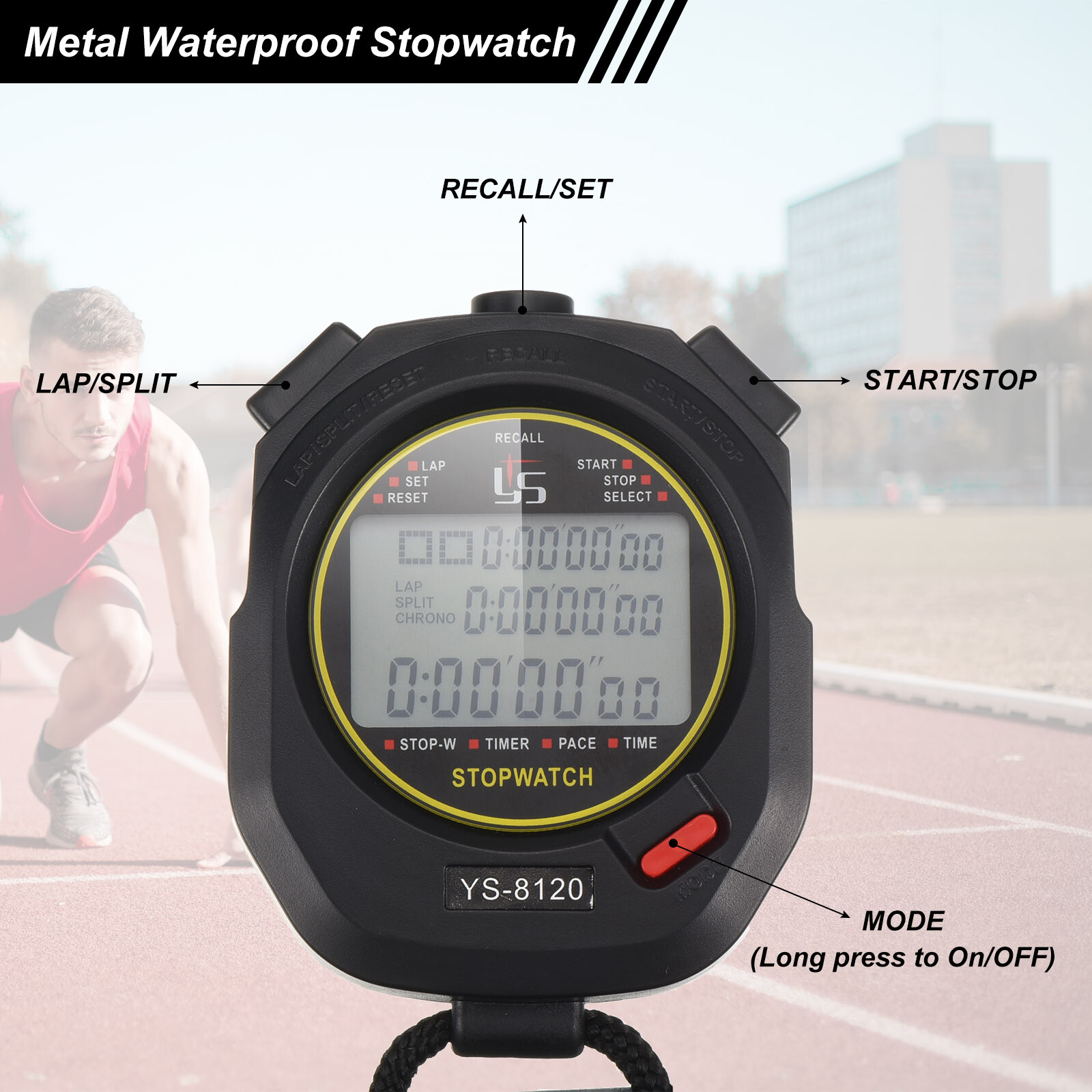 Professional Sport Stopwatch Timer 120 Lap Memory 0.01 Second Timing Black