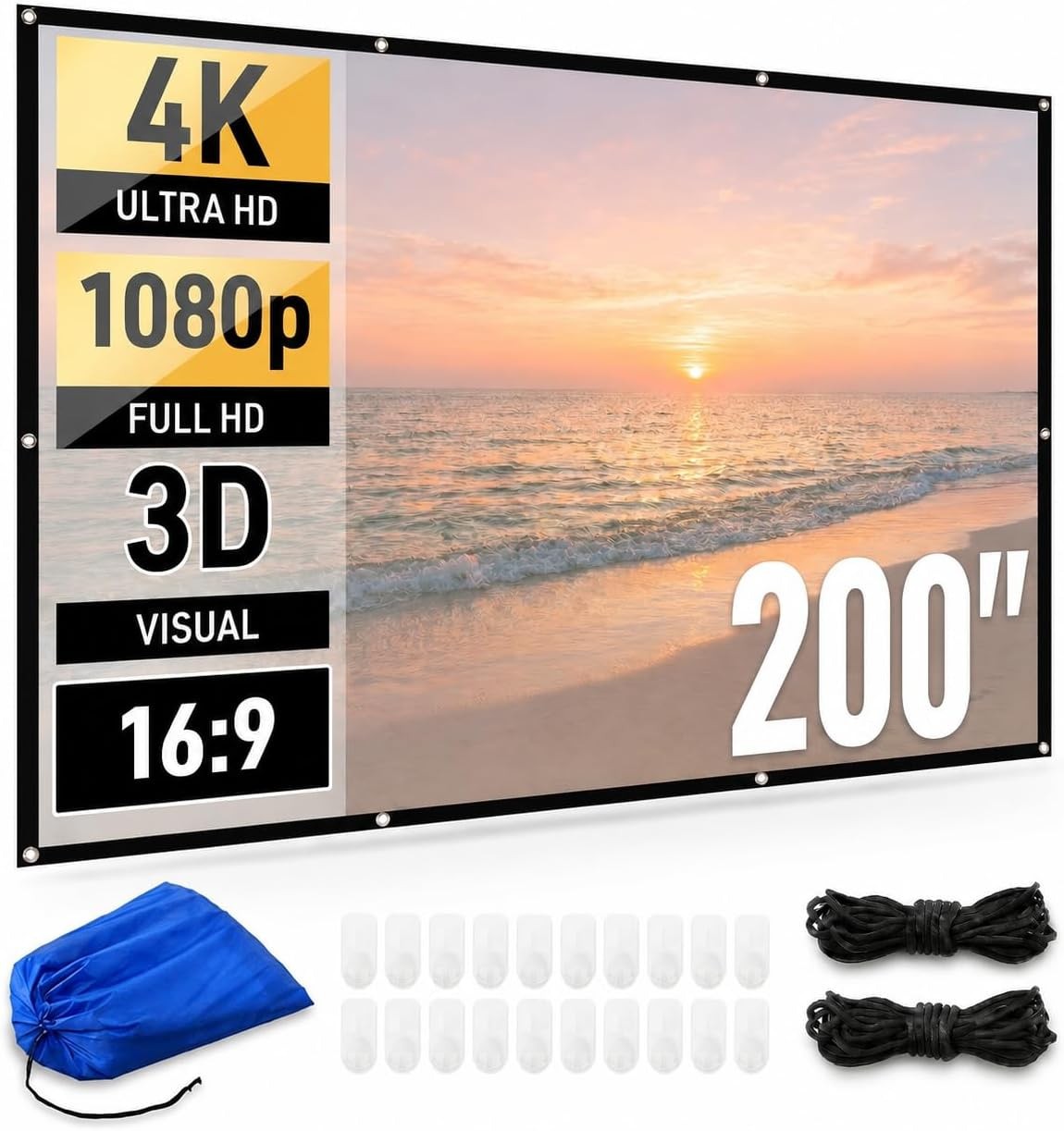 Japard 200 Inch Projector Screen Outdoor Indoor, 4K Full HD 3D 16:9 Double-Si...