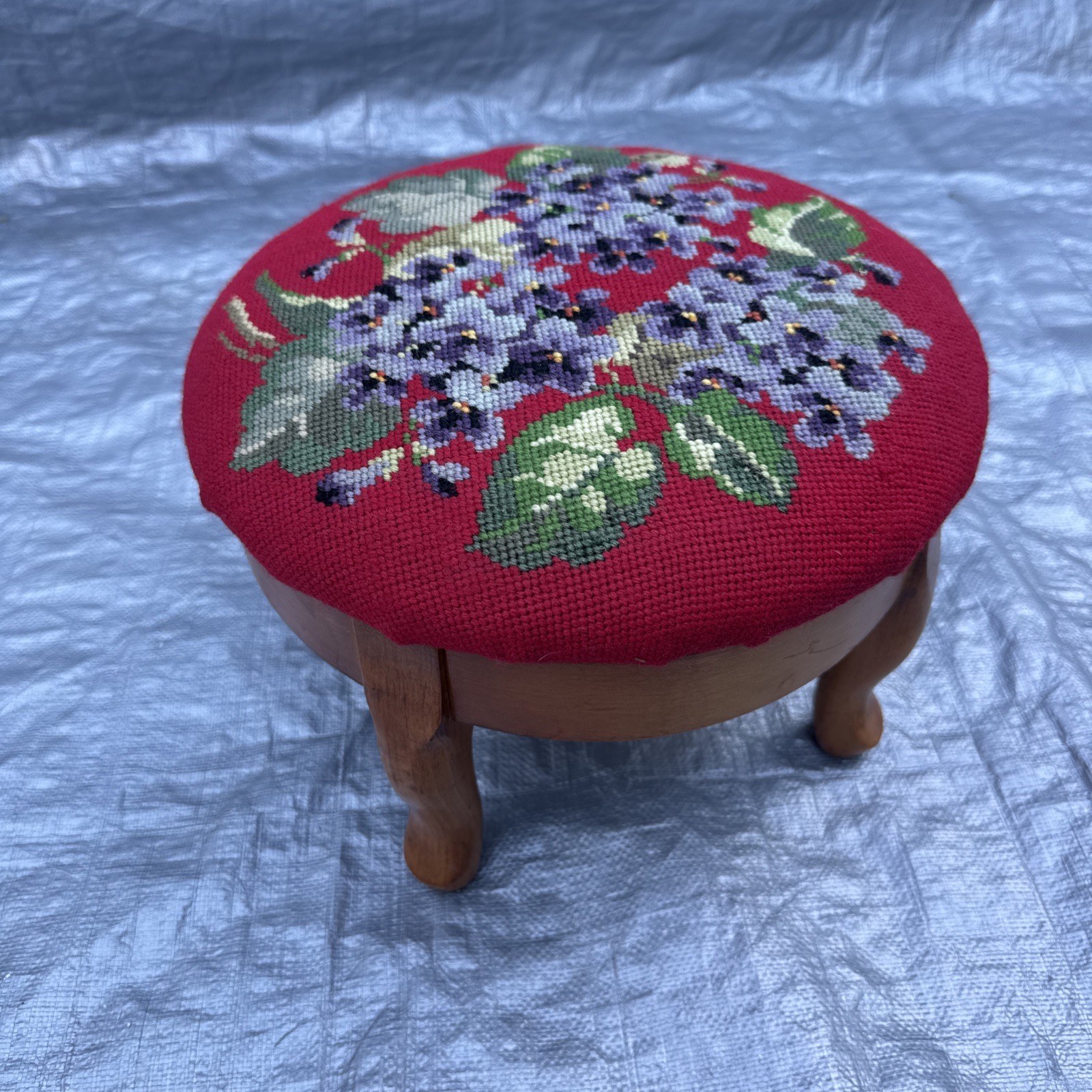 Vintage Queen Anne Style Round Footstool Floral Print Needlepoint Padded Top