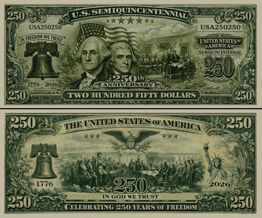 US Semiquincentennial 250 Dollar Bill Play Funny Money Novelty Note +Free Sleeve